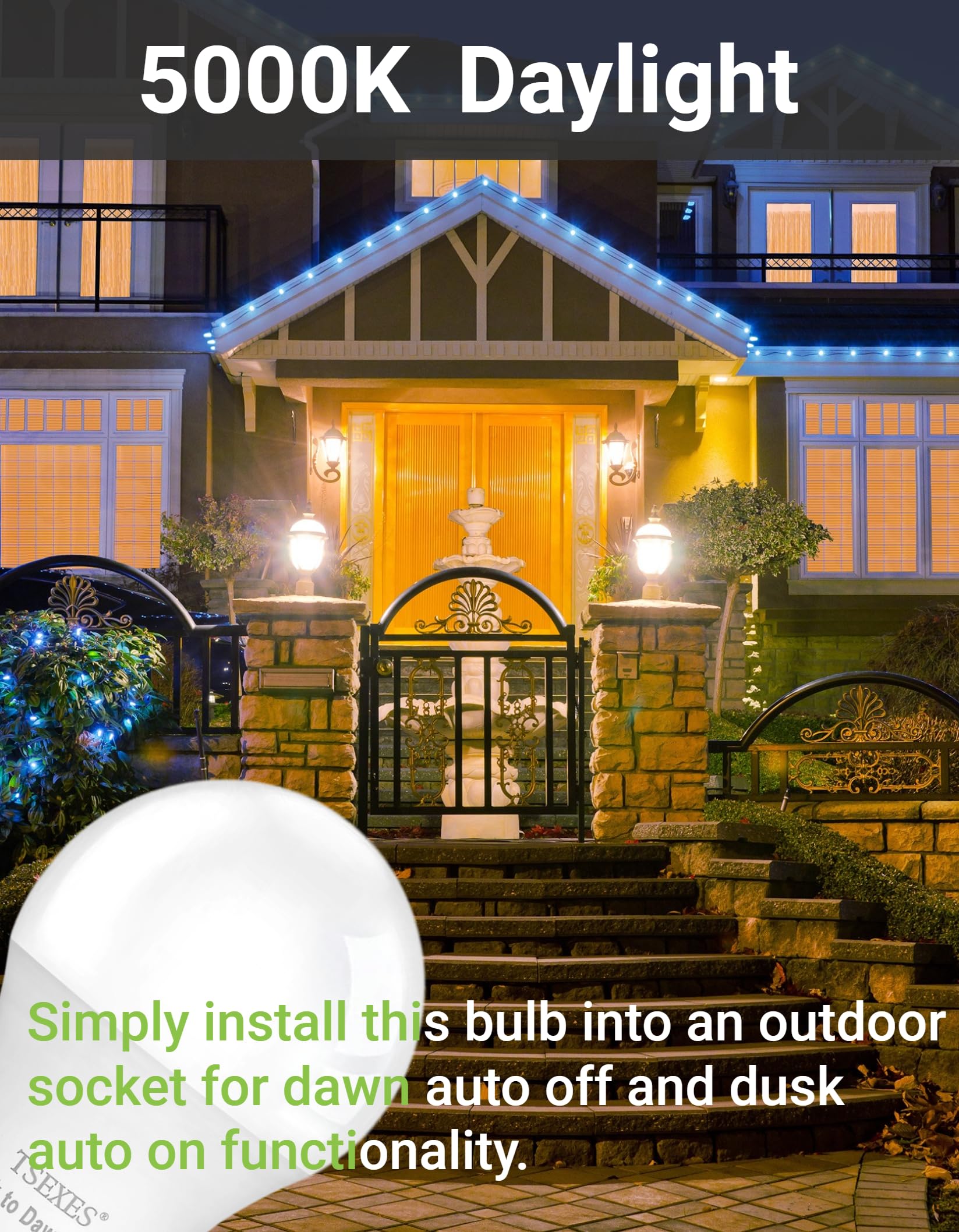 Tsexes Dusk To Dawn Sensor Led Outdoor Light Bulb, A19 Led Light Bulb 75W Equivalent,5000K Daylight,Auto On/Off Light For Indoor