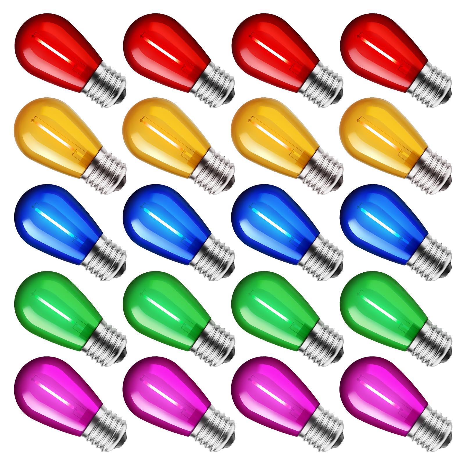 Minetom S14 LED Christmas Replacement Light Bulbs, 20 Pack, Multicolor, 1 Watt, E26 Medium Base, Shatterproof Plastic