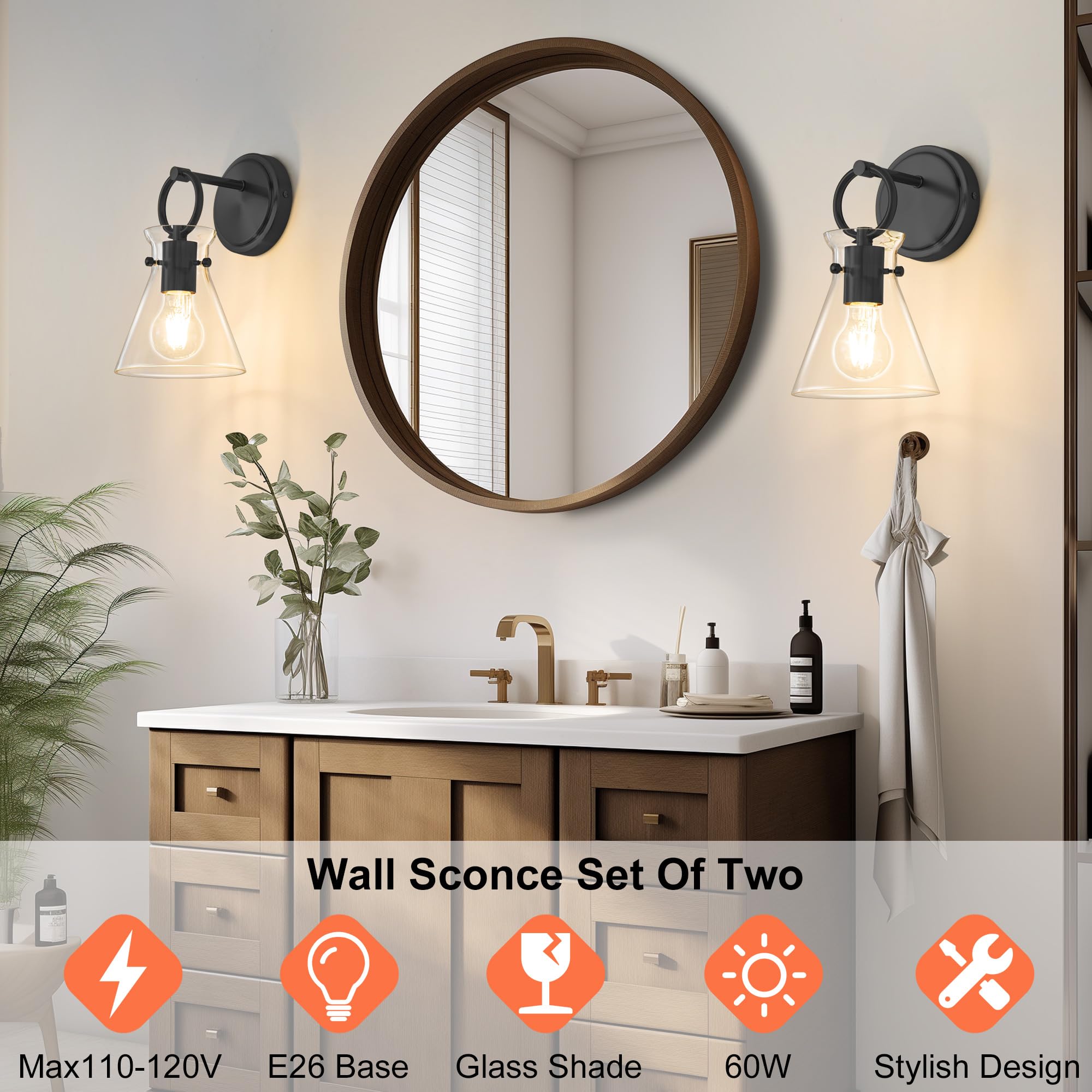 Gednbo Wall Sconces Set Of 2 Modern Vanity Light Fixtures For Bathroom Black Wall Mount Lighting Lamp Hardwired Farmhouse Wall Lights With 6 Inch Clear Glass Shade For Bedroom Living Room Mirror