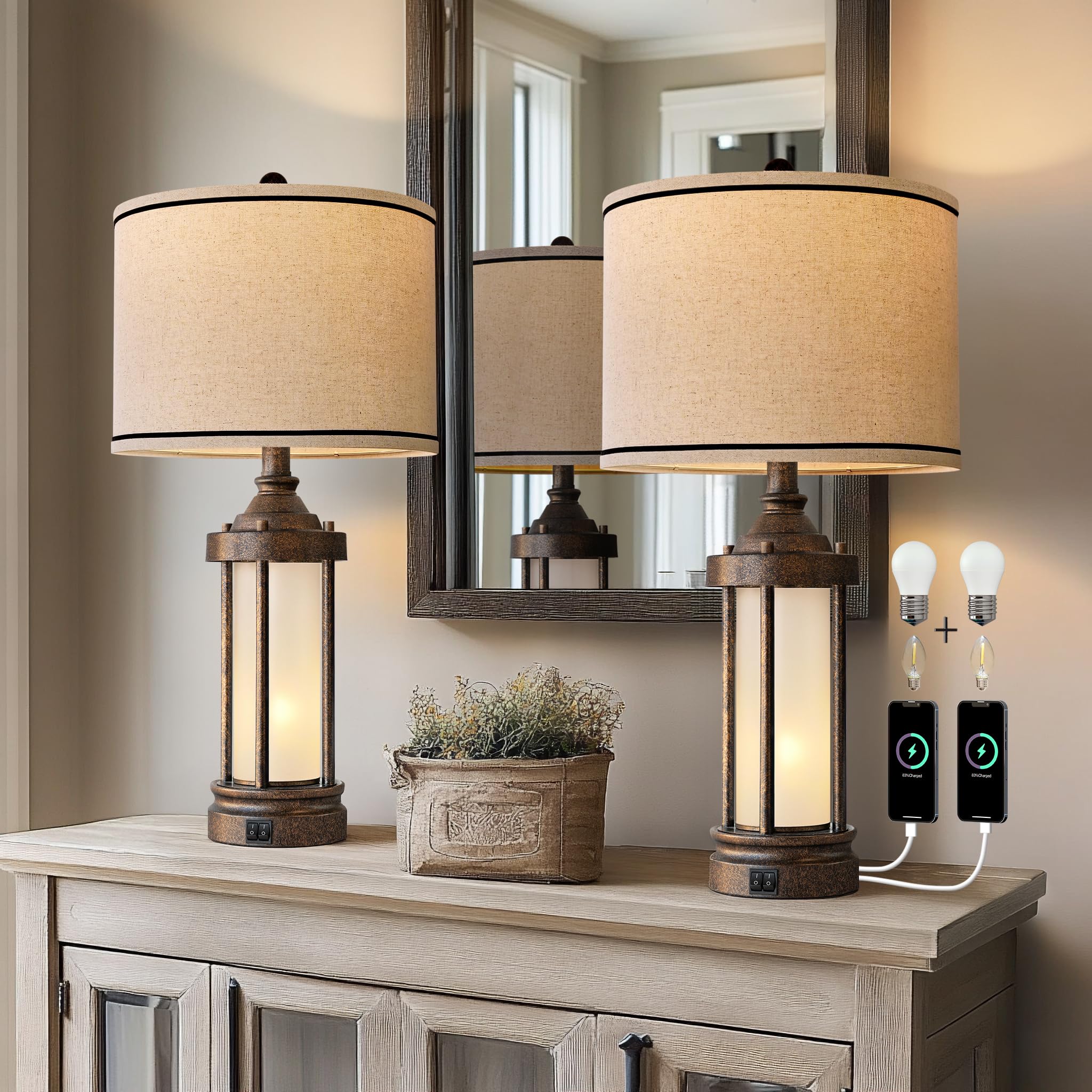 25'' Table Lamps Set Of 2 For Living Room Bedroom Farmhouse Metal Lamps With 2 Usb Ports, Built-In Frosted Glass Night Light Vin