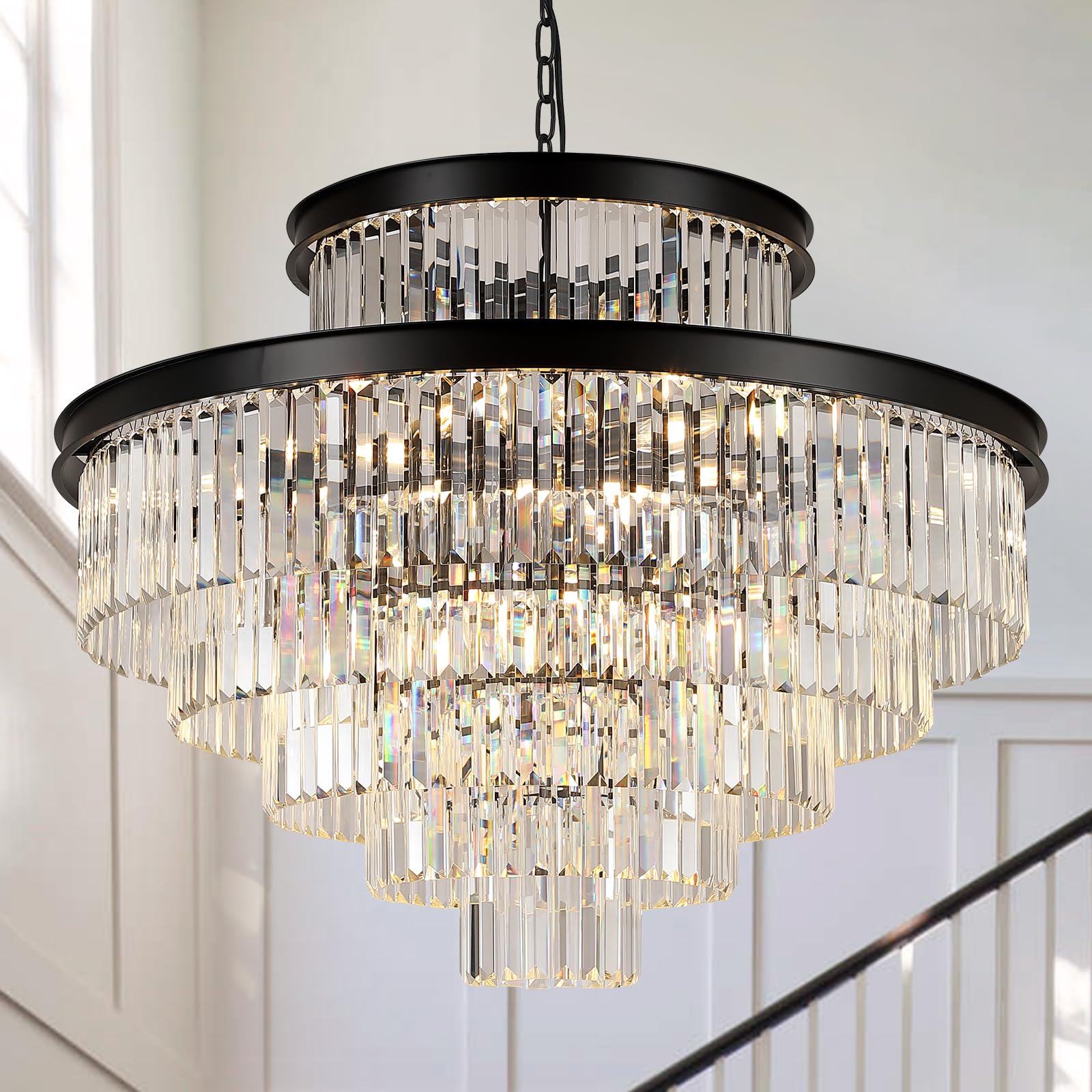 A AXILIXI 35in Large Black Crystals Chandelier K9 Crystal for High Ceilings, Adjustable Chain, Modern Design, Model 88319
