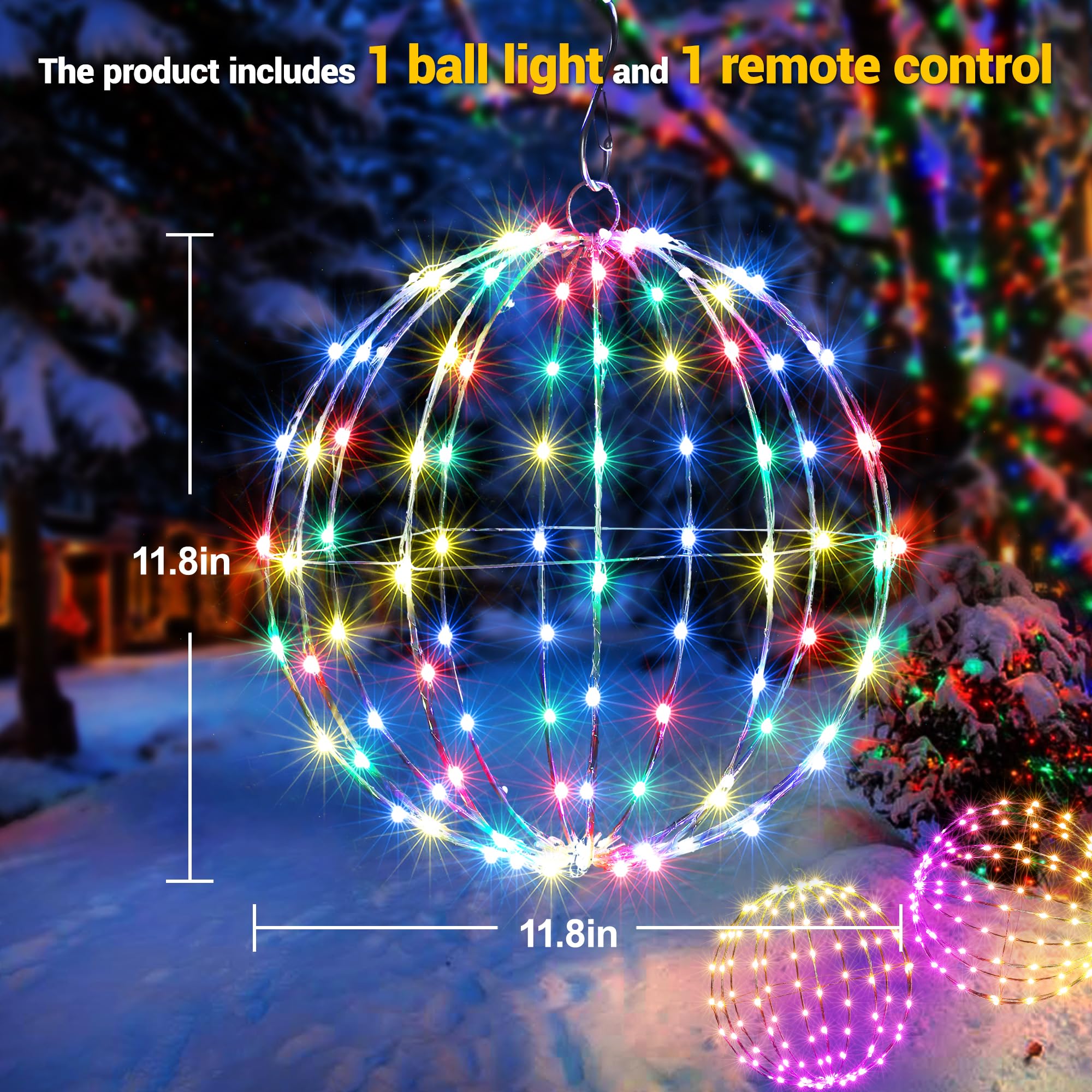 Flacchi Smart RGB Outdoor Hanging Ball Lights - 11.8" 108LED Waterproof Globe Fairy Lights, Bluetooth App Control, 1 Pack