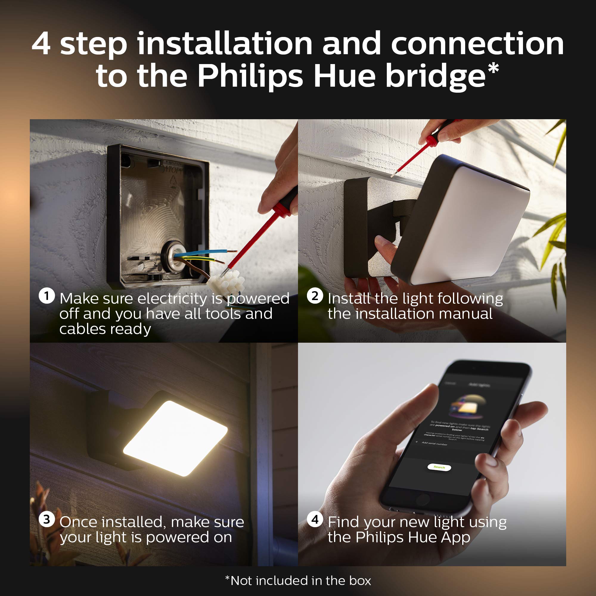 Philips Hue Outdoor Smart Flood Light Fixture, 15W, Black, White & Color Ambiance, Model 1743530V7, Requires Hue Bridge