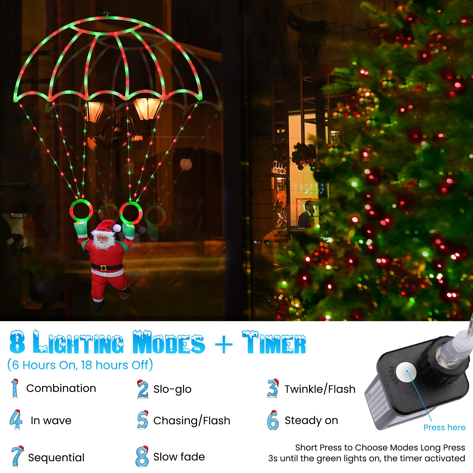 Toodour Christmas Decorations Outdoor, 2.8Ft Christmas Parachute Lights With Santa Claus, Waterproof 8 Modes Hanging Red & Green