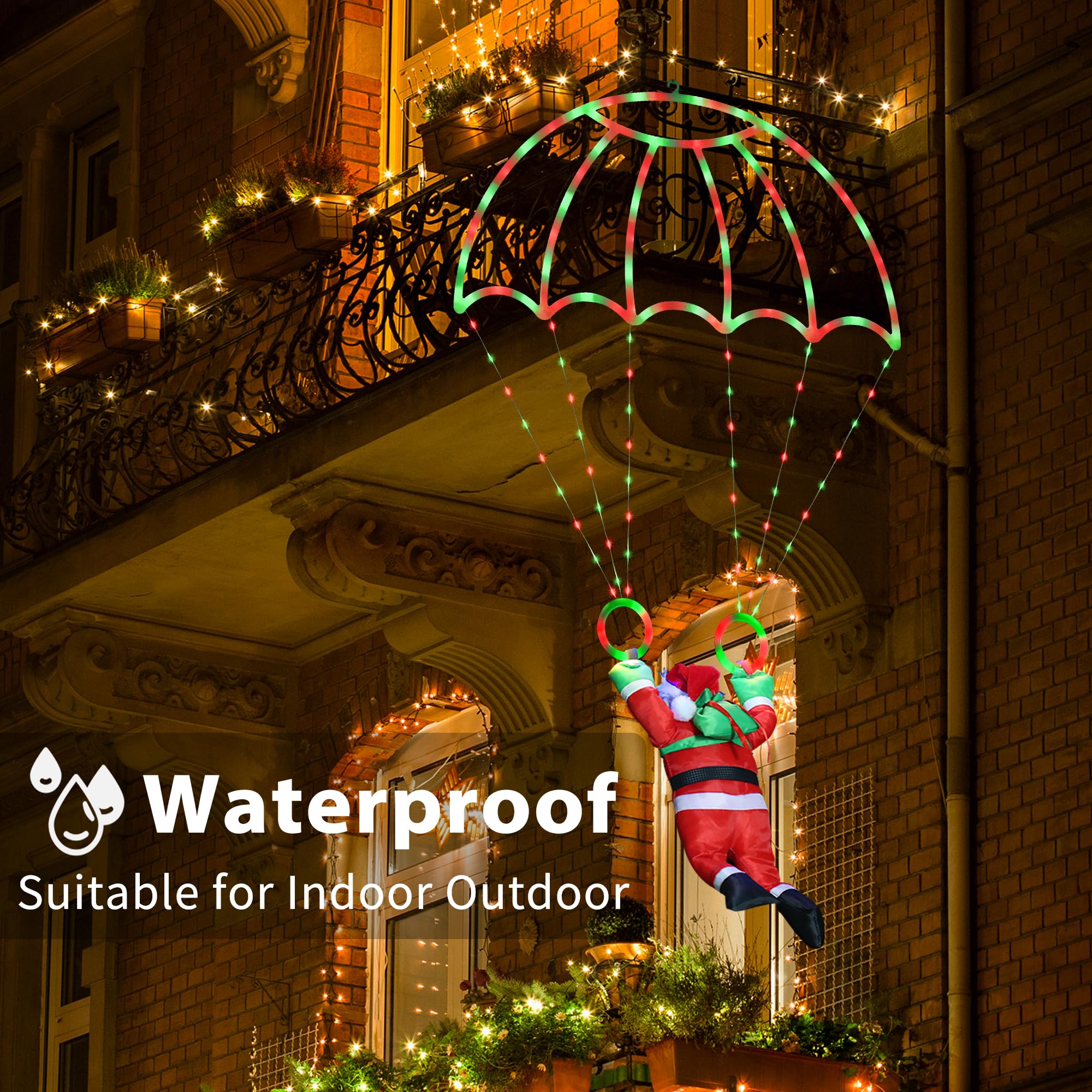 Toodour Christmas Decorations Outdoor, 2.8Ft Christmas Parachute Lights With Santa Claus, Waterproof 8 Modes Hanging Red & Green