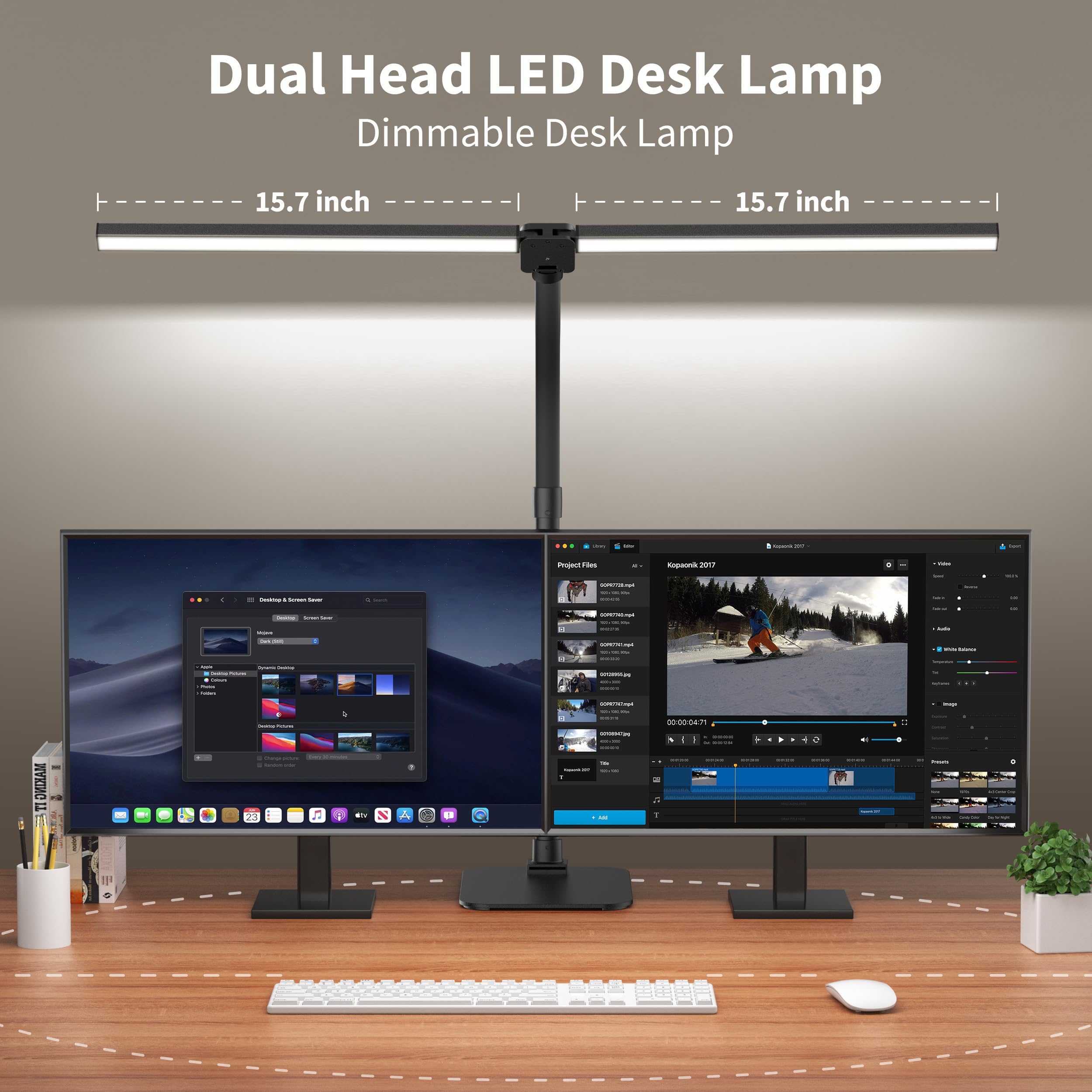 Kaulsoue Desk Lamp Architect Task Dual Head Modern Flexible Gooseneck Tall Dimmable Light For Home Office, 5 Color Modes,Remote
