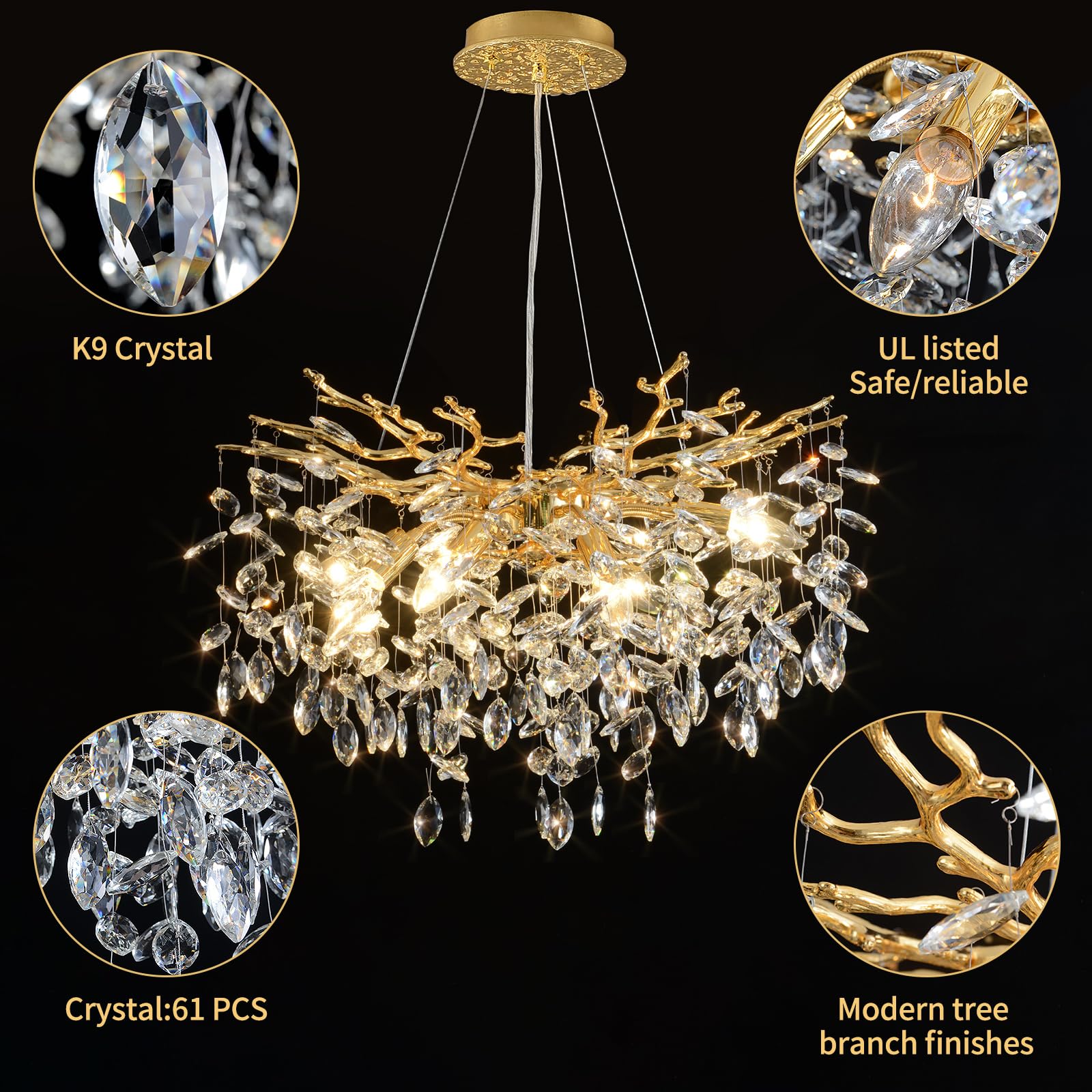 EGM Gold Crystal Chandelier, 24-Inch 8-Light Metal Raindrop Light Fixture for Dining Room, Bedroom, Foyer - Model C-1