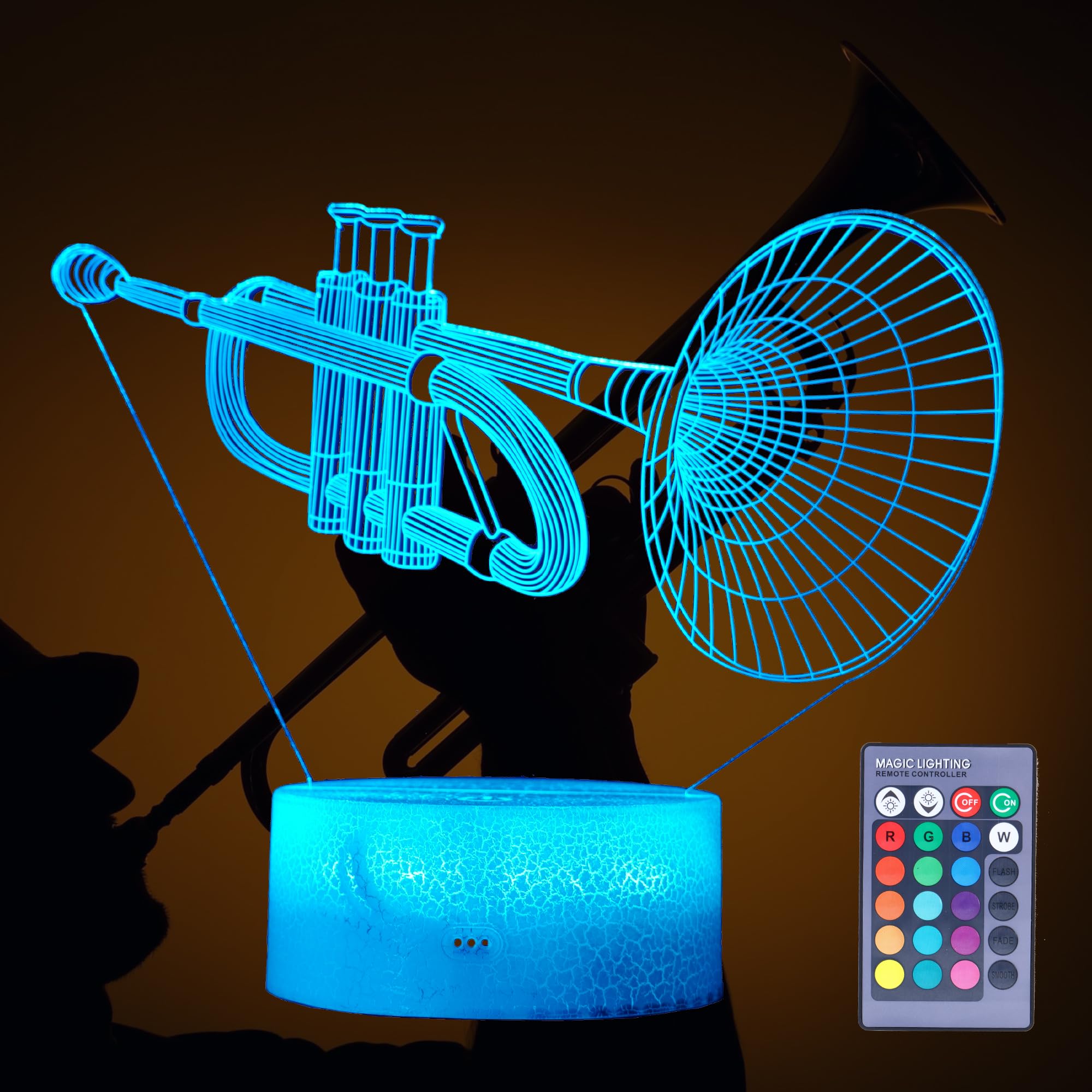 POSSHE Trumpet Night Light, Trumpet Gifts, 3D Illusion Lamp with 16 Colors Changing, Remote Control and Dimmable, Kids Boys Girl