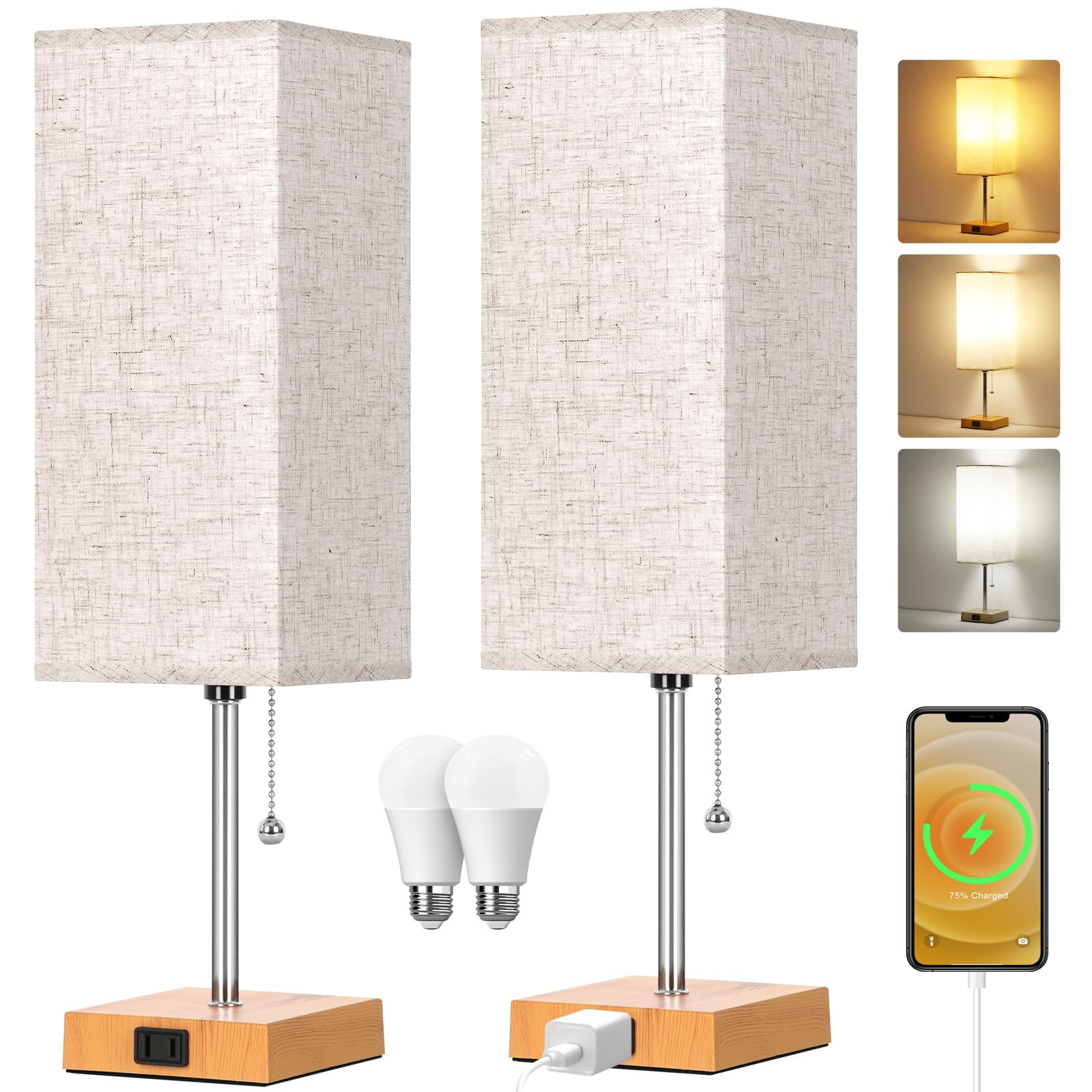 Dott Arts Table Lamp Set of 2, 18in Wood+Cream, 3-Color Bedside Lamps with Pull Chain and AC Outlets, Model PTL6W-024