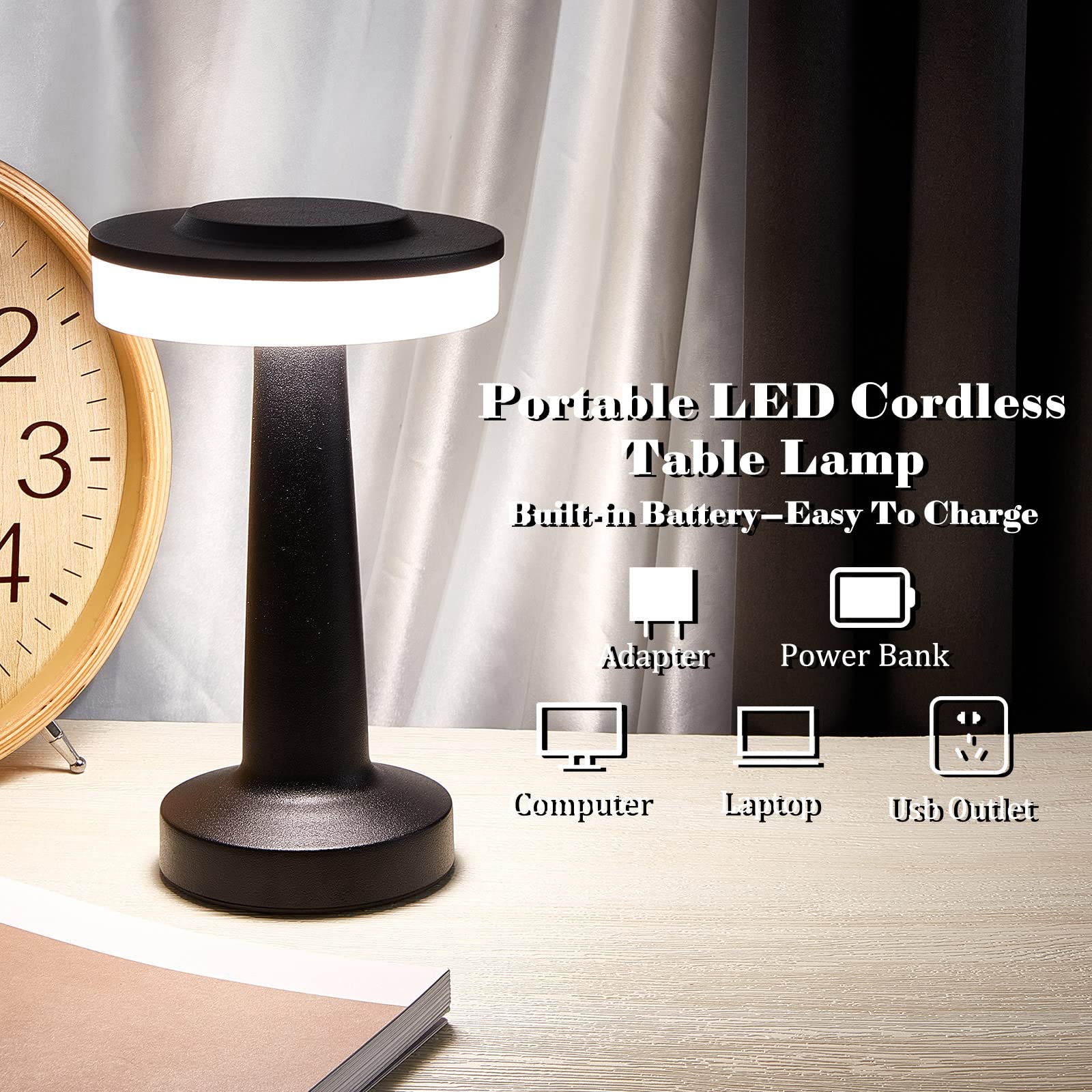 Riakrum LED Portable Metal Table Lamp, Touch Sensor, 3 Color Dimming, Rechargeable, Black, Model SW-PortableMetalTableLamp-652
