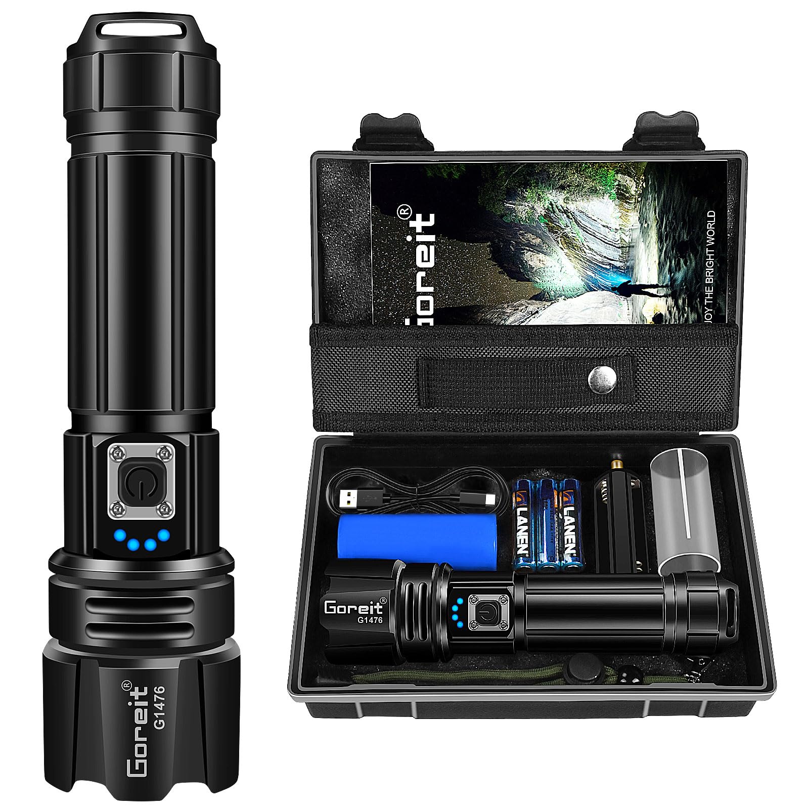 Goreit Flashlight High Lumens Rechargeable, 200000 Lumen Led Flashlights Xhp70.2 Usb Super Bright Flash Light Battery Powered, P
