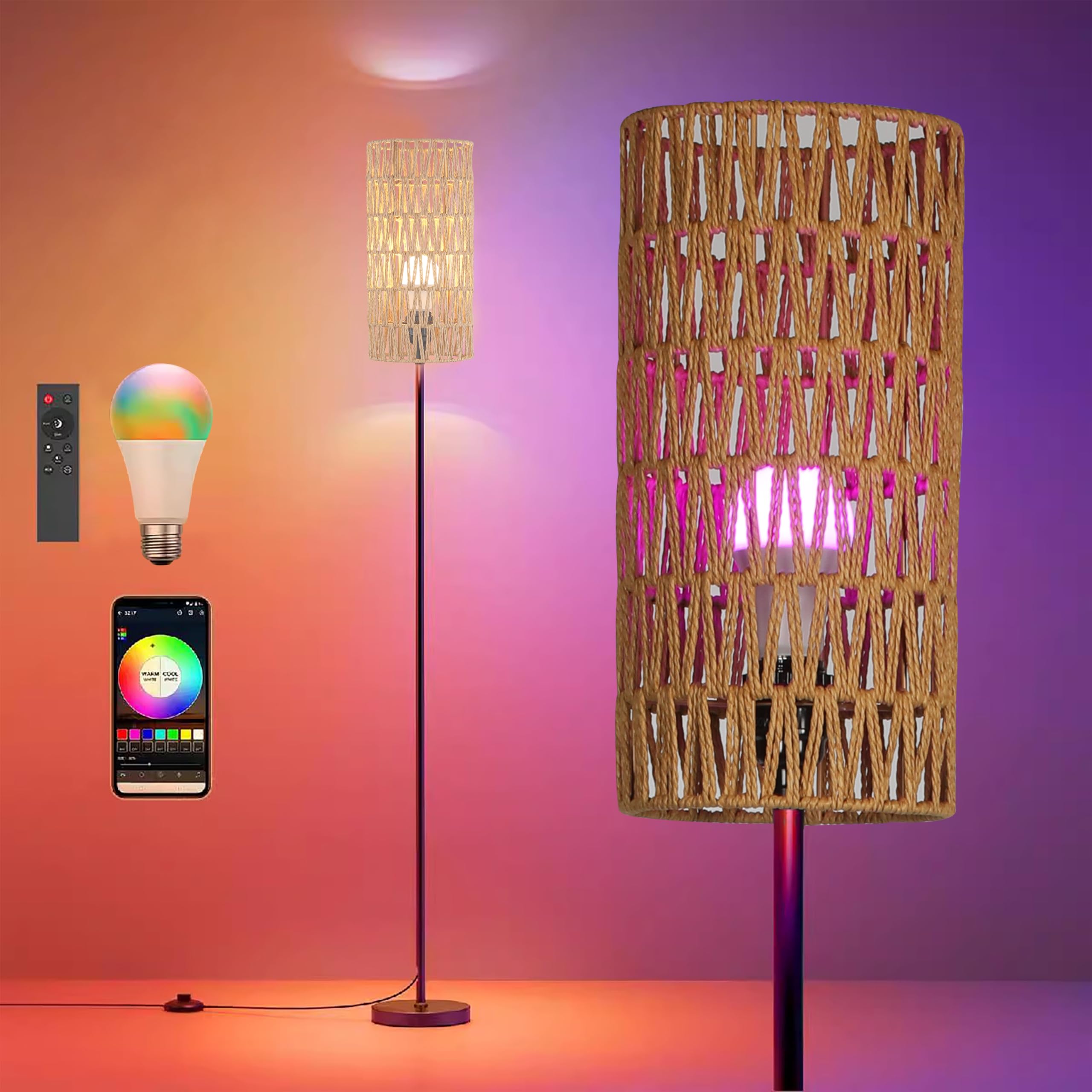 Ruiever Rattan Floor Lamp In Different Bulbs (Rgb Bulb Shade)
