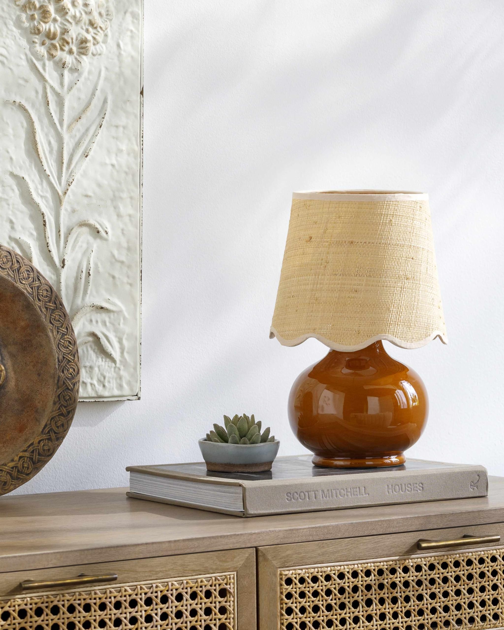 BoutiqueRugs Boho Ceramic Bedside Table Lamp - 13inH, Rattan Shade, Tan/Beige, Model TXCHMA1-001