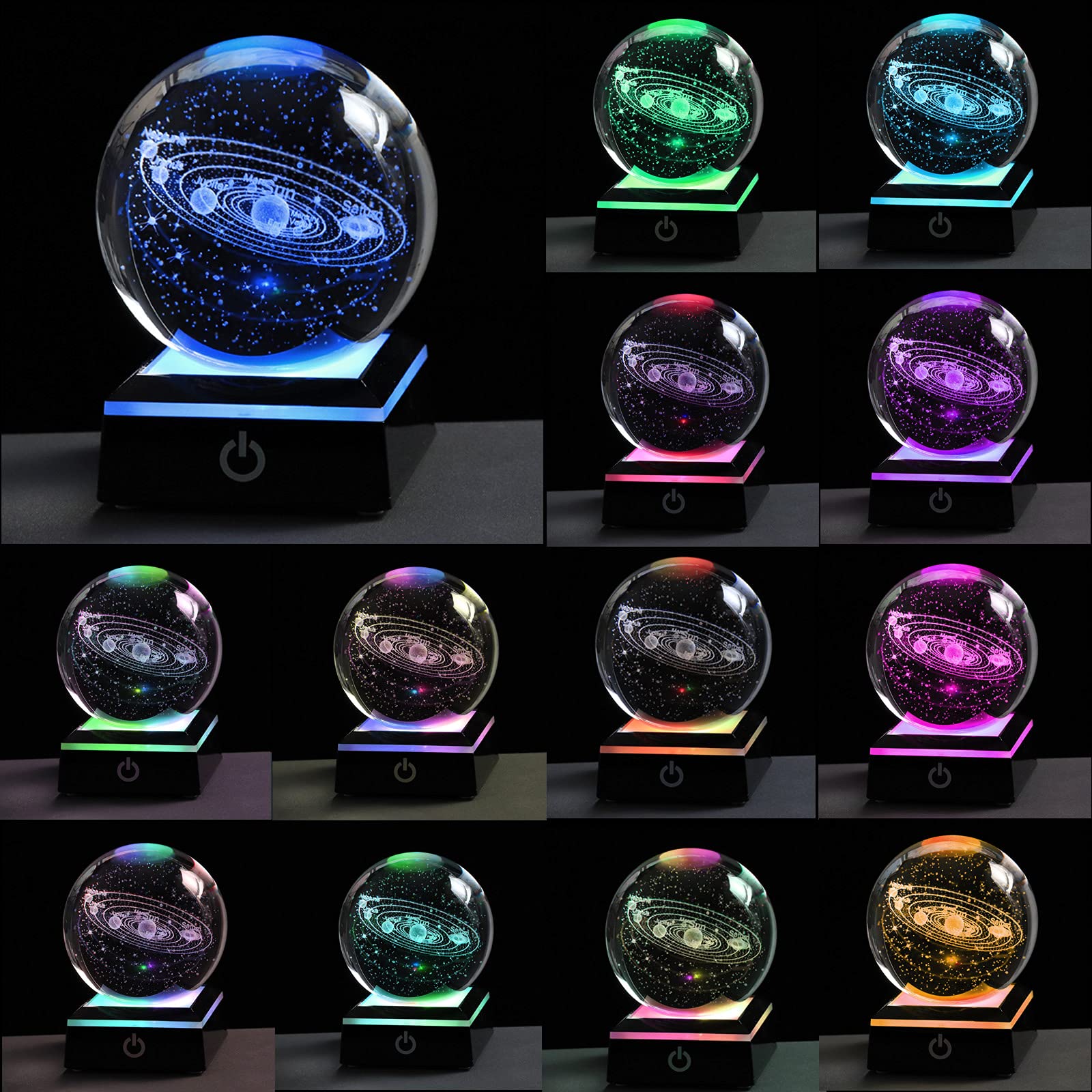 3D Solar System Model Crystal Ball 80Mm 3.15Inch - Outer Space Astronomy Gifts Room Decor Crystal Sphere Unique Gifts For Men Him Best Birthday Dad Physics Science Teacher Night Light Planet Lamp
