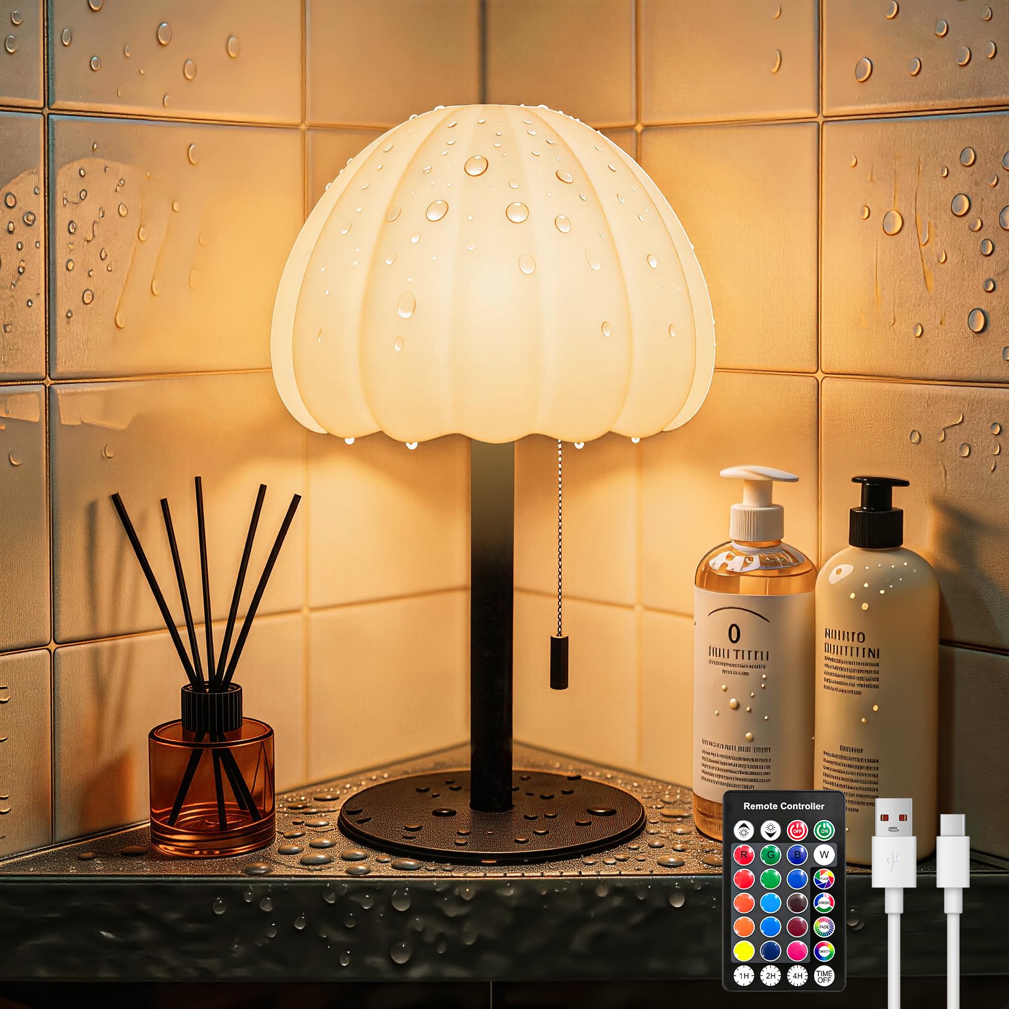 Cordless Shower Lamp, IP65 Waterproof Bathroom Lamp with 16 Color Changeable, Rechargeble Outdoor Table Lamp with Touch&Remote C