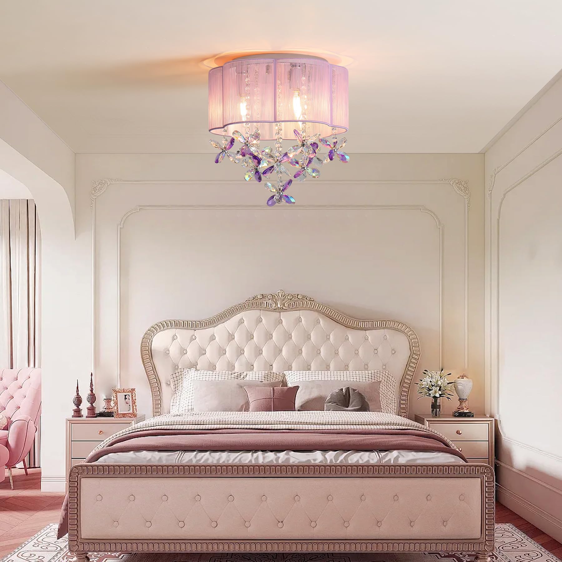 3 Light Bedroom Chandelier Ceiling Light Pink Lamp 13'' Small Crystal Mini Chandelier Flush Mount Ceiling Light With Handmade Fl