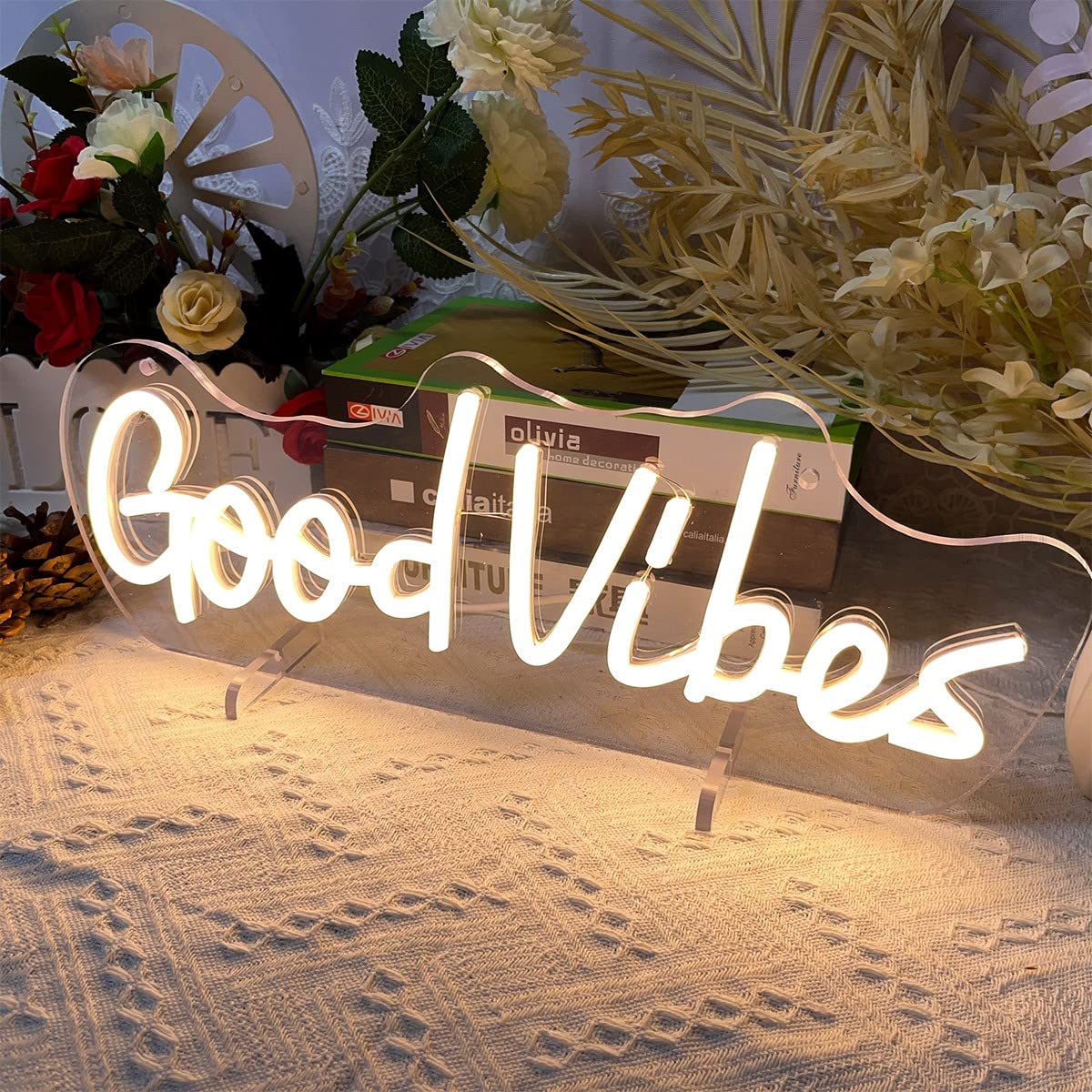 Zplnosin Good Vibes Neon Sign Desk Lamp - Led Wedding Table Decor, 40×10.7 Cm, Warm White