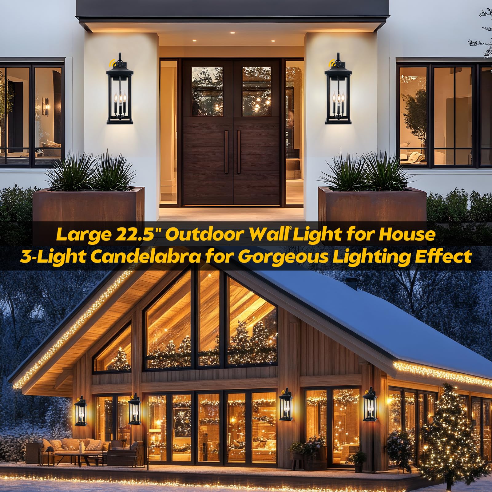 Roravilila 2-Pack Dusk to Dawn 23" Outdoor Wall Lights, Matte Black, IP65 Waterproof, E12, 3-Light Modern Lanterns