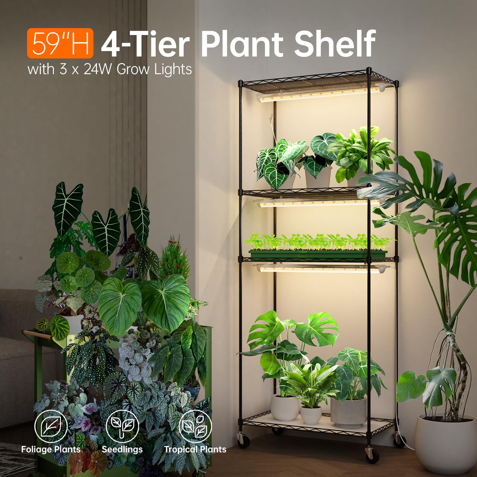 Bstrip Plant Shelf with Grow Light with Timer, Plant Stand with Adjustable Rack and Wheels, 3 Pack 72W T8 2FT Full Spectrum Grow