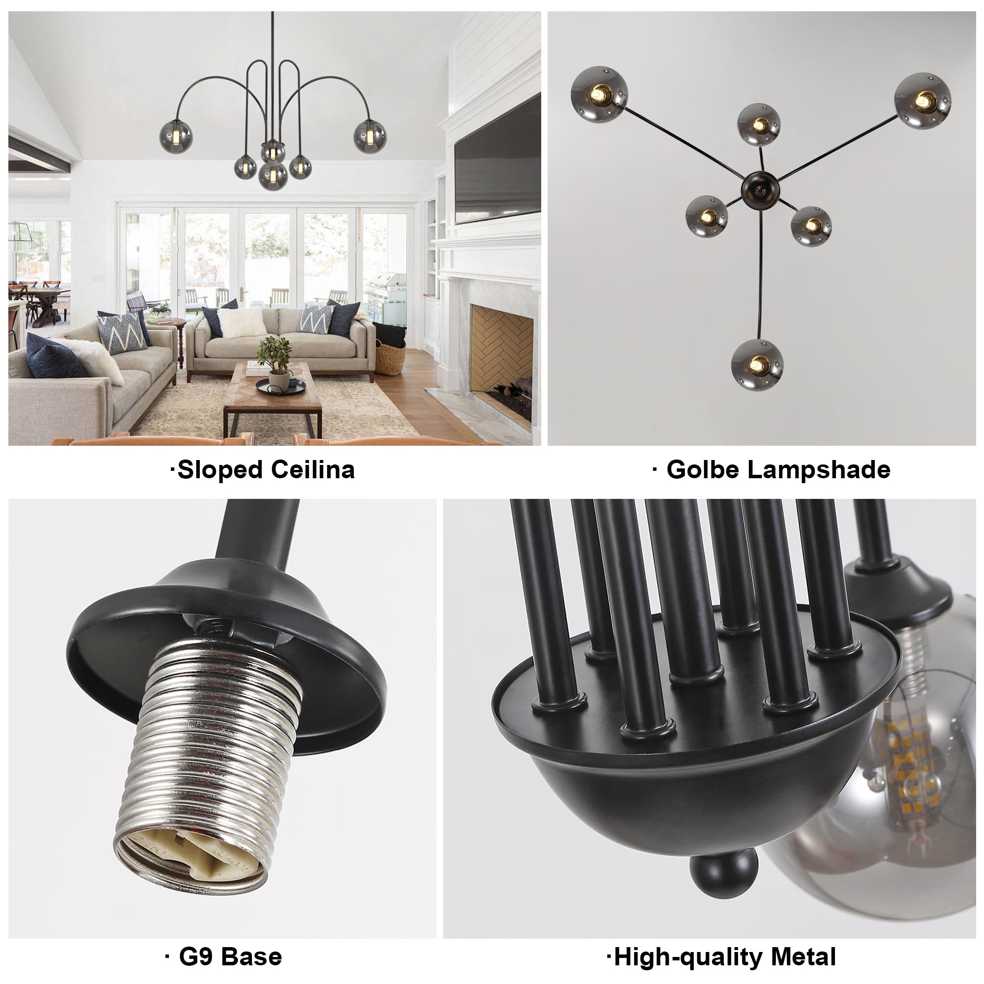 Black Sputnik Chandelier,6 Lights Mid Century Chandelier For Dining Room Light Fixtures Over Table Large, Large L49    Ceiling P