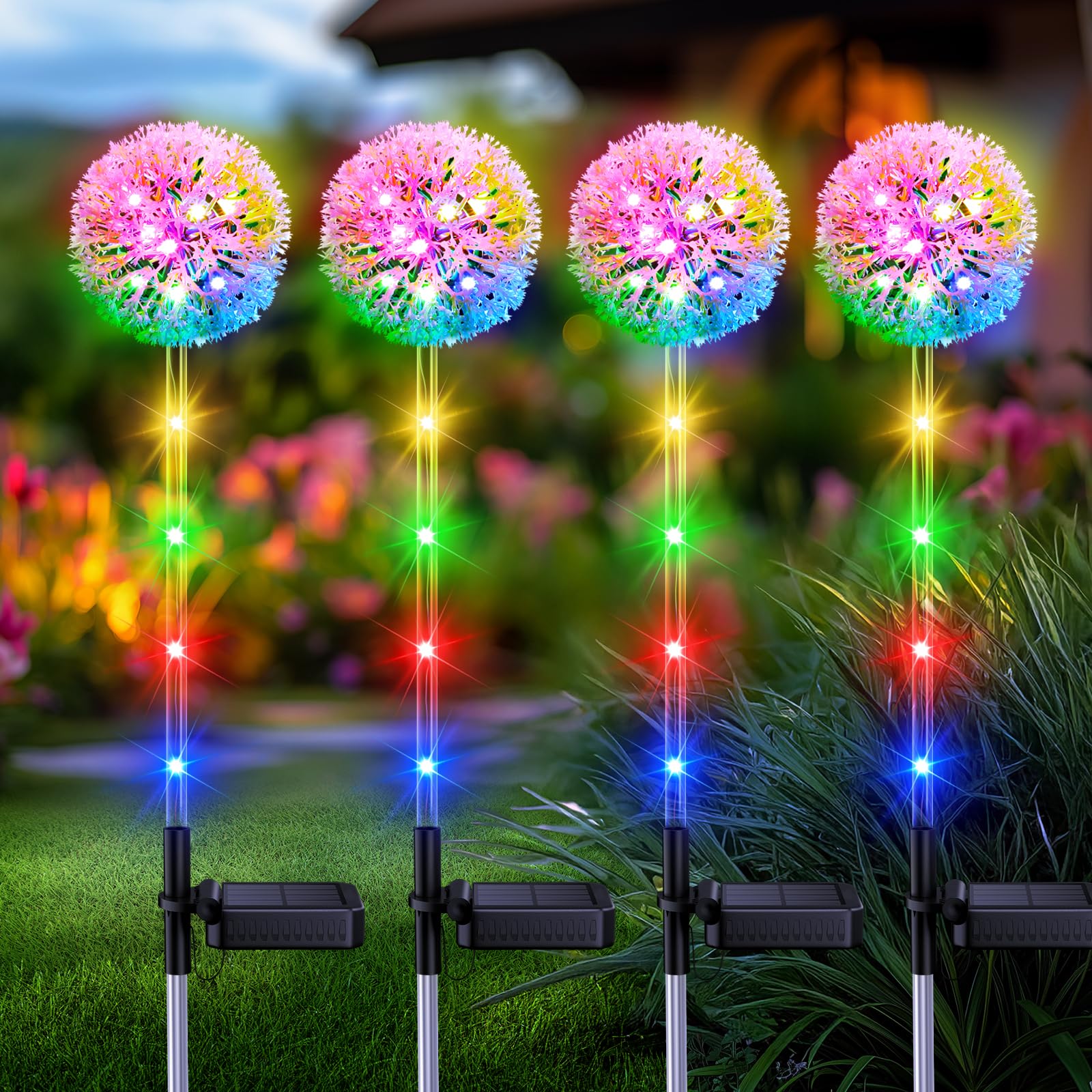 Bonlion 4 Pack Solar Garden Lights - Colorful Led Dandelion Decor, Waterproof Outdoor Lighting