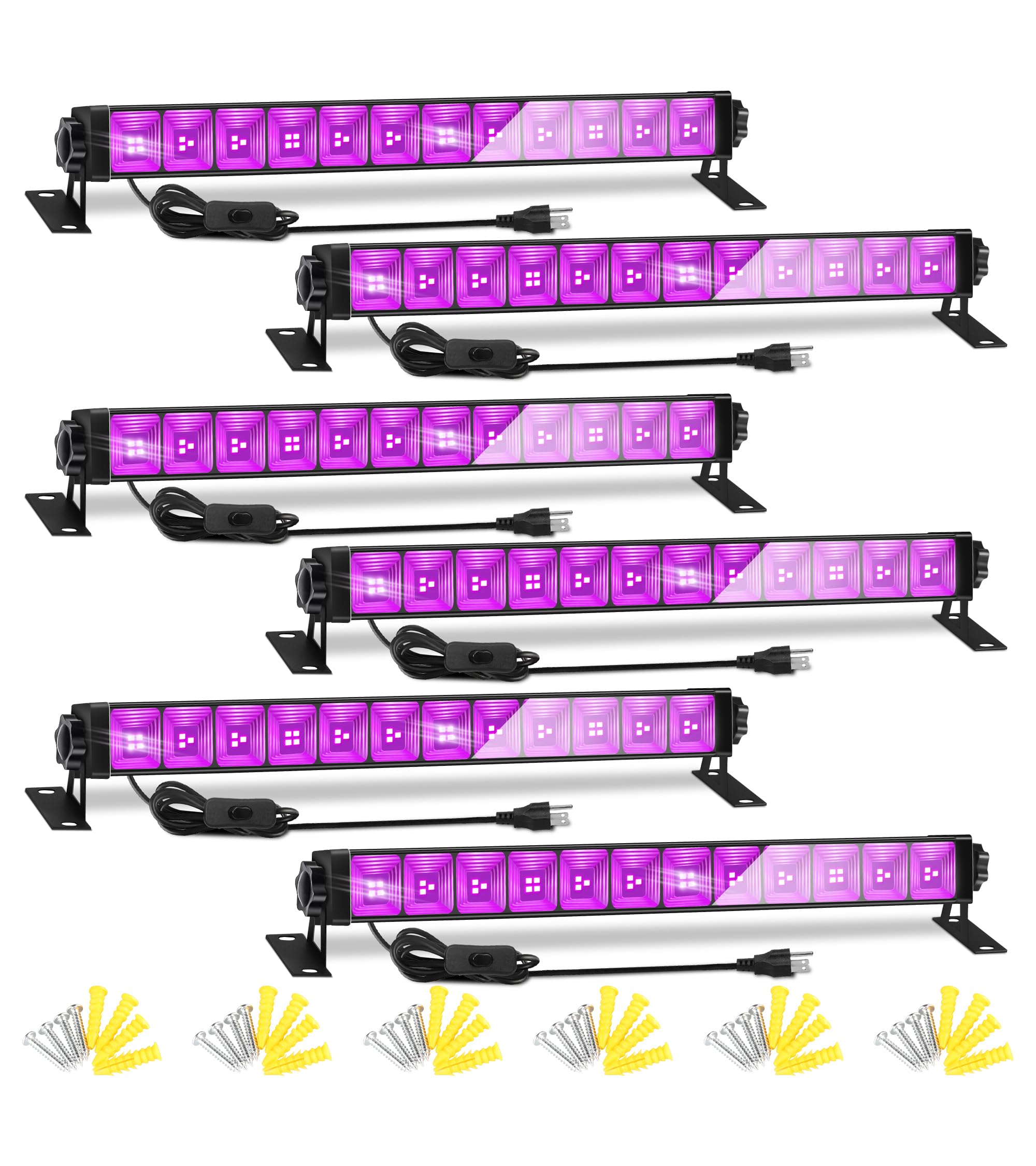 TigQiang 38W LED Black Light, 6 Pack, Aluminum, Plug & Switch, 5ft Cord, Glow Light for Halloween Decorations, Black