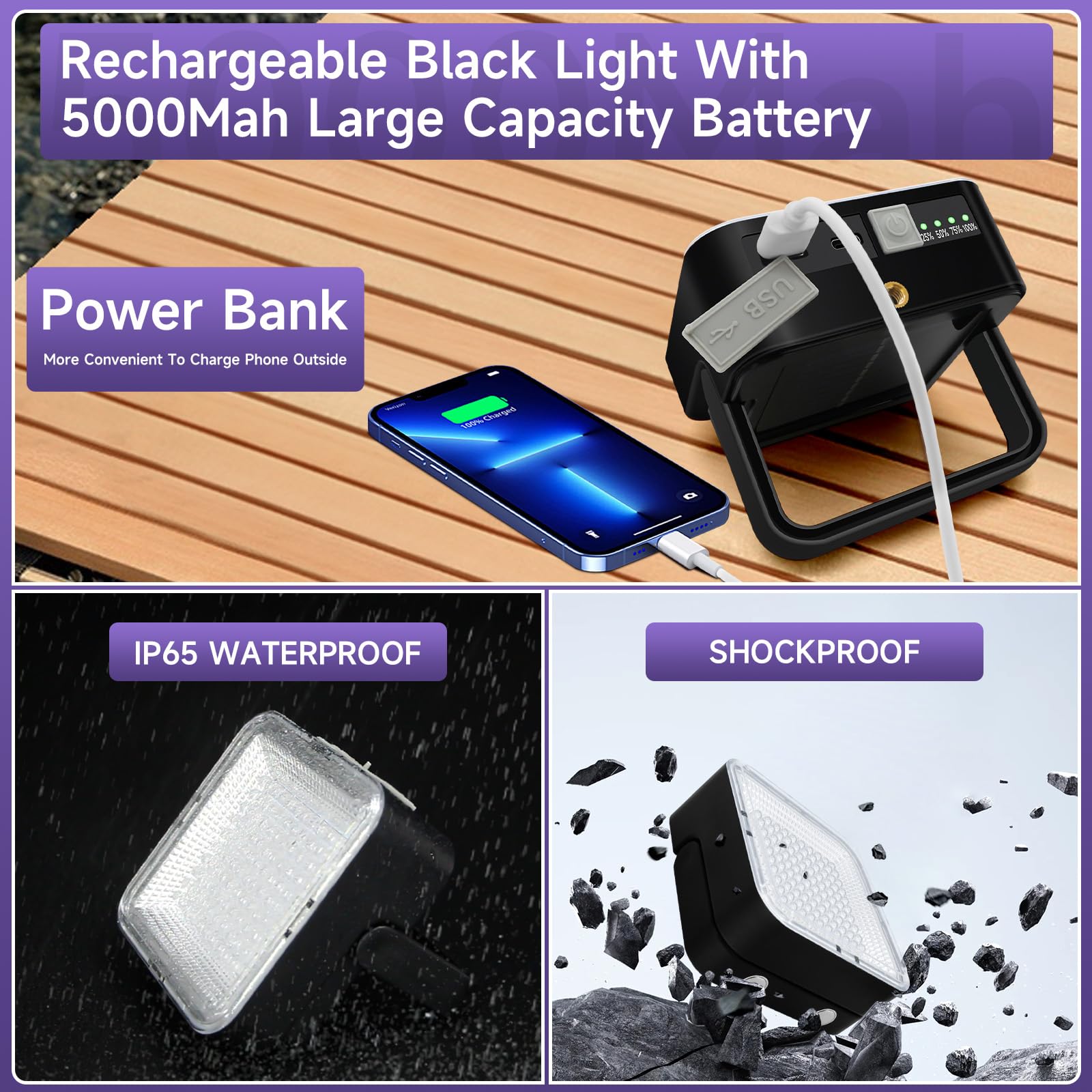 Rechargeable Uv Black Light, 60W 5000Mah Dimmable Uv Light, 100 Led 395Nm Led Ultraviolet Blacklight, For Dog Cat Pet Urine Stai