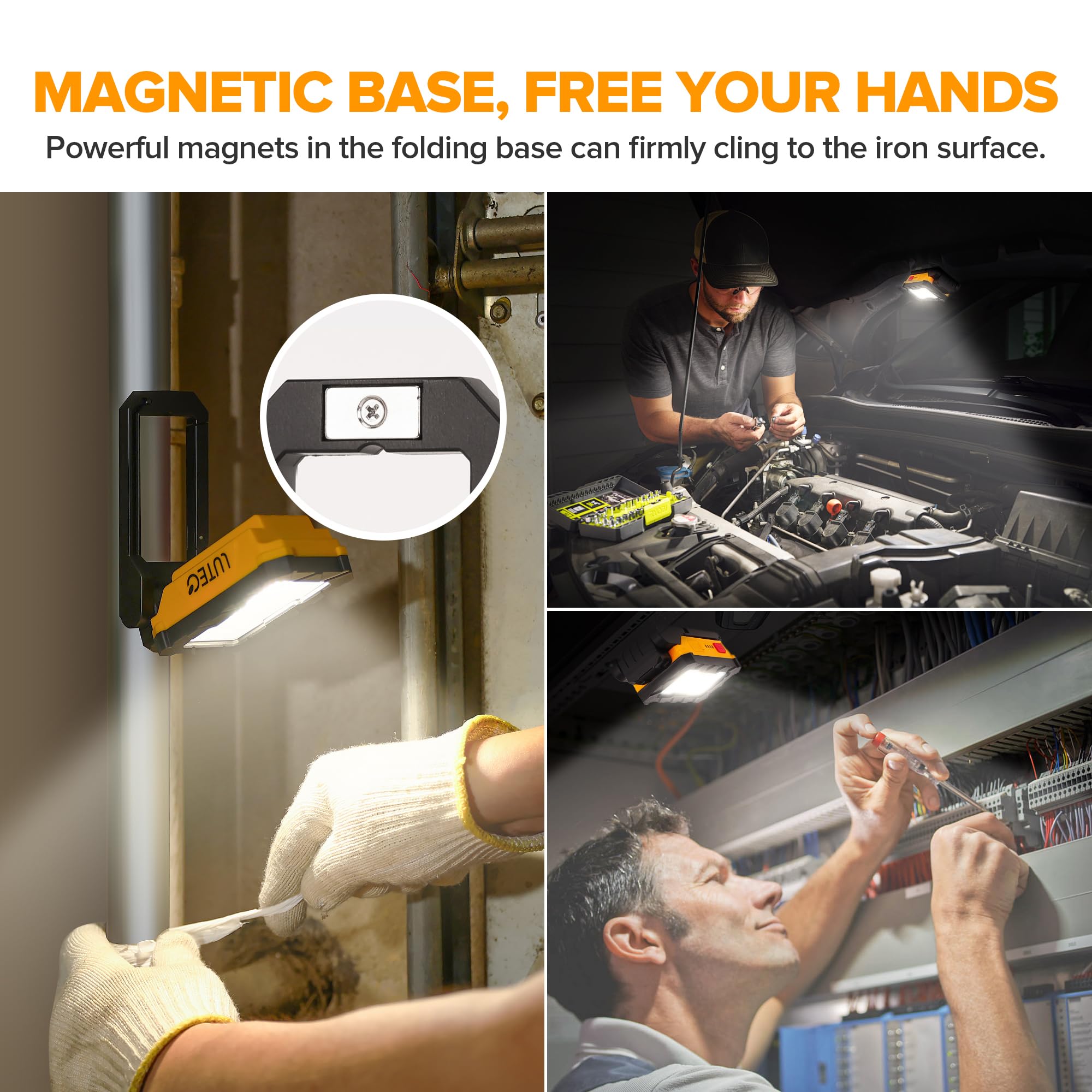 LUTEC Rechargeable Work Light, 1000 Lumens LED, Magnetic Base, 360° Rotate, 200° Swivel, Orange, Ideal for Car Repair and Camping