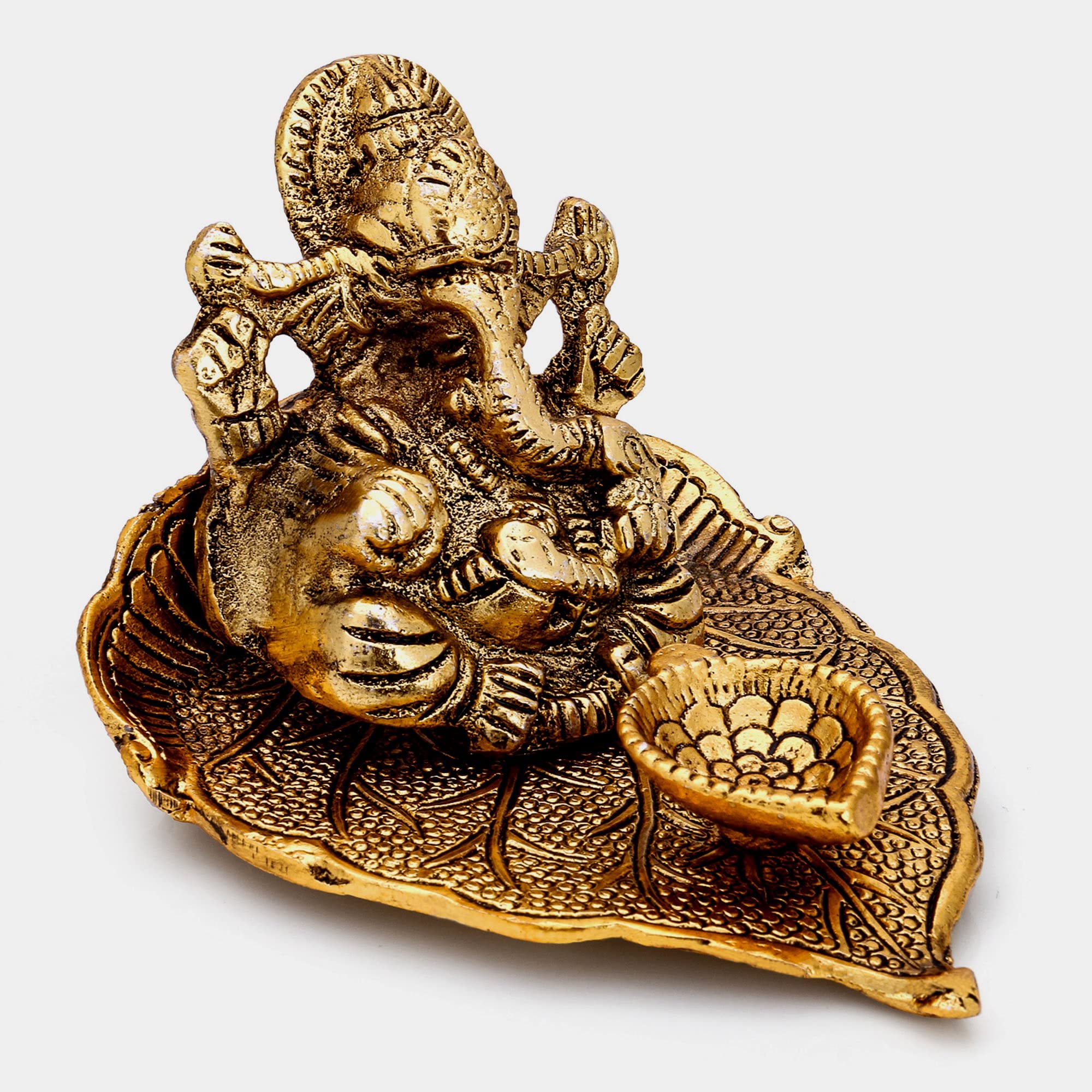 Collectible India Return Gift Ganesh Idol on Leaf - Lord Ganesha with Diya - Metal Diya for Diwali Decoration Items Home Decorat