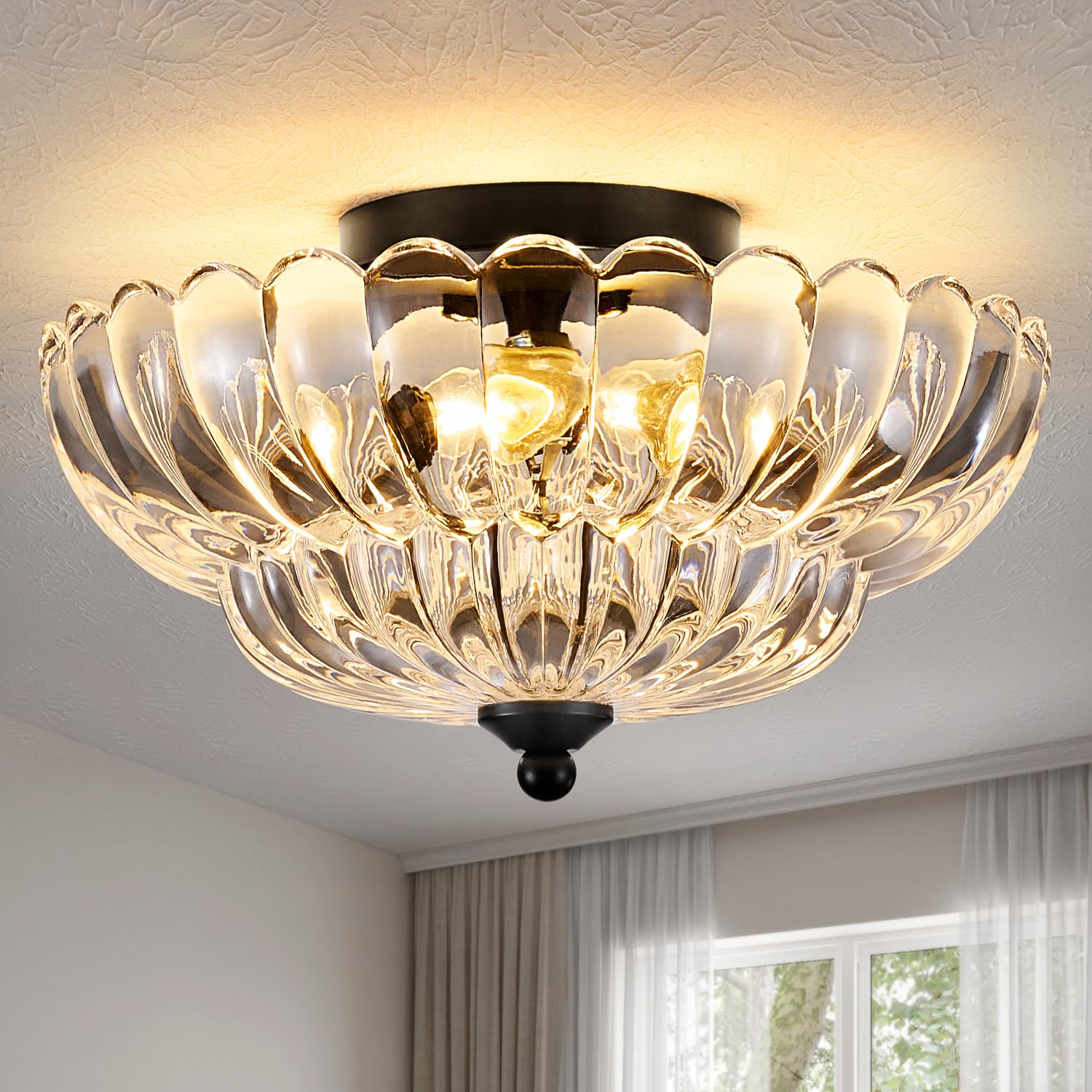 Modern Black Ceiling Light Fixture, 12'' Clear Glass Flush Mount Chandeliers, Semi Flush Mount Ceiling Light Fixture Suitable Fo