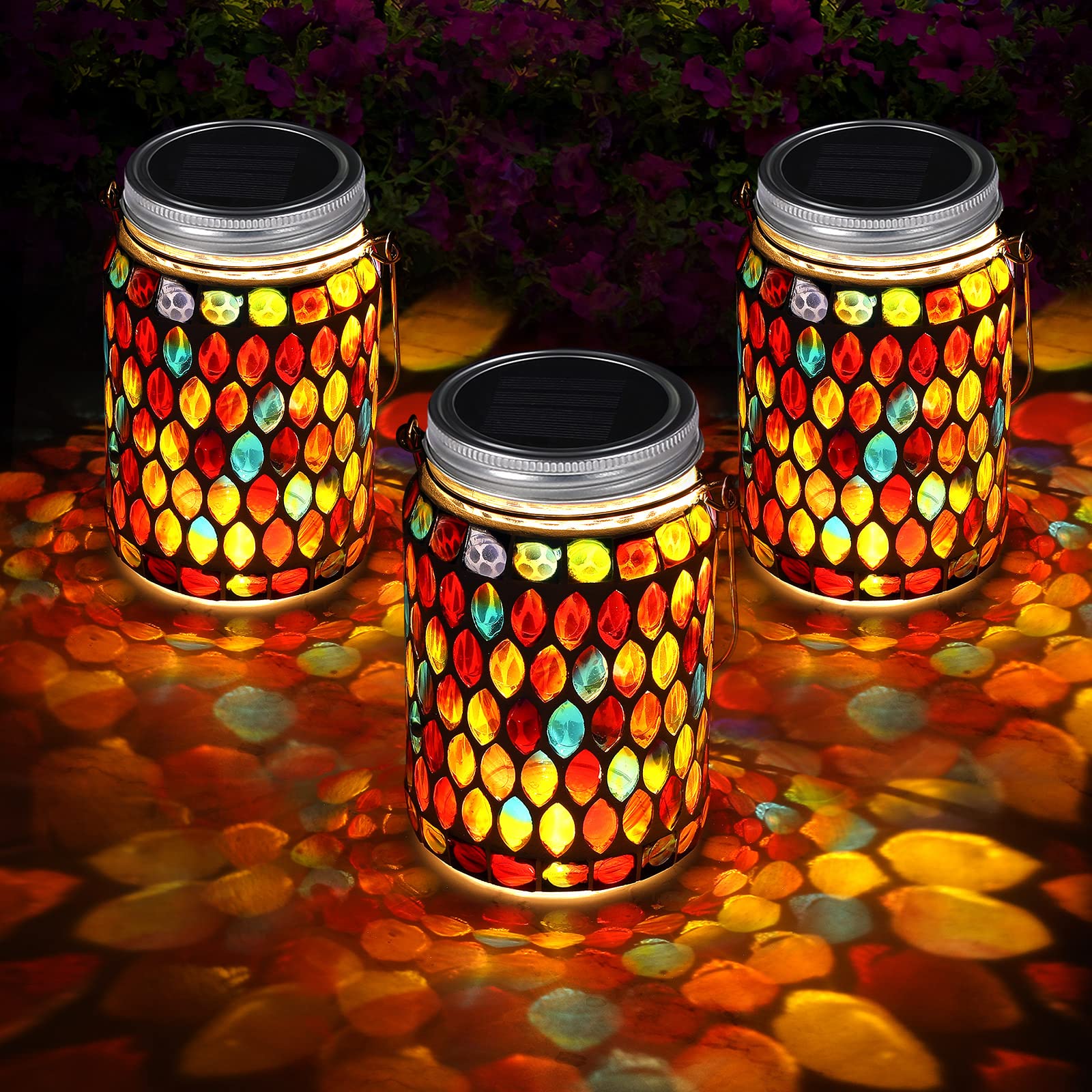 Tuanse 3 Pieces Solar Powered Mosaic Lights, Outdoor Hanging Solar Lantern Lamp Waterproof Table Lamp Mosaic Night Light For Tre