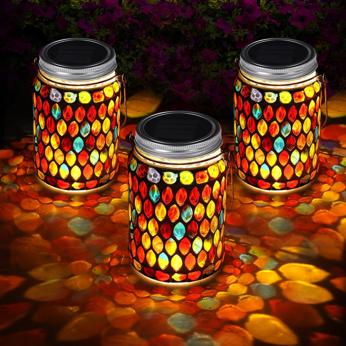 Tuanse 3 Pieces Solar Powered Mosaic Lights, Outdoor Hanging Solar Lantern Lamp Waterproof Table Lamp Mosaic Night Light For Tre