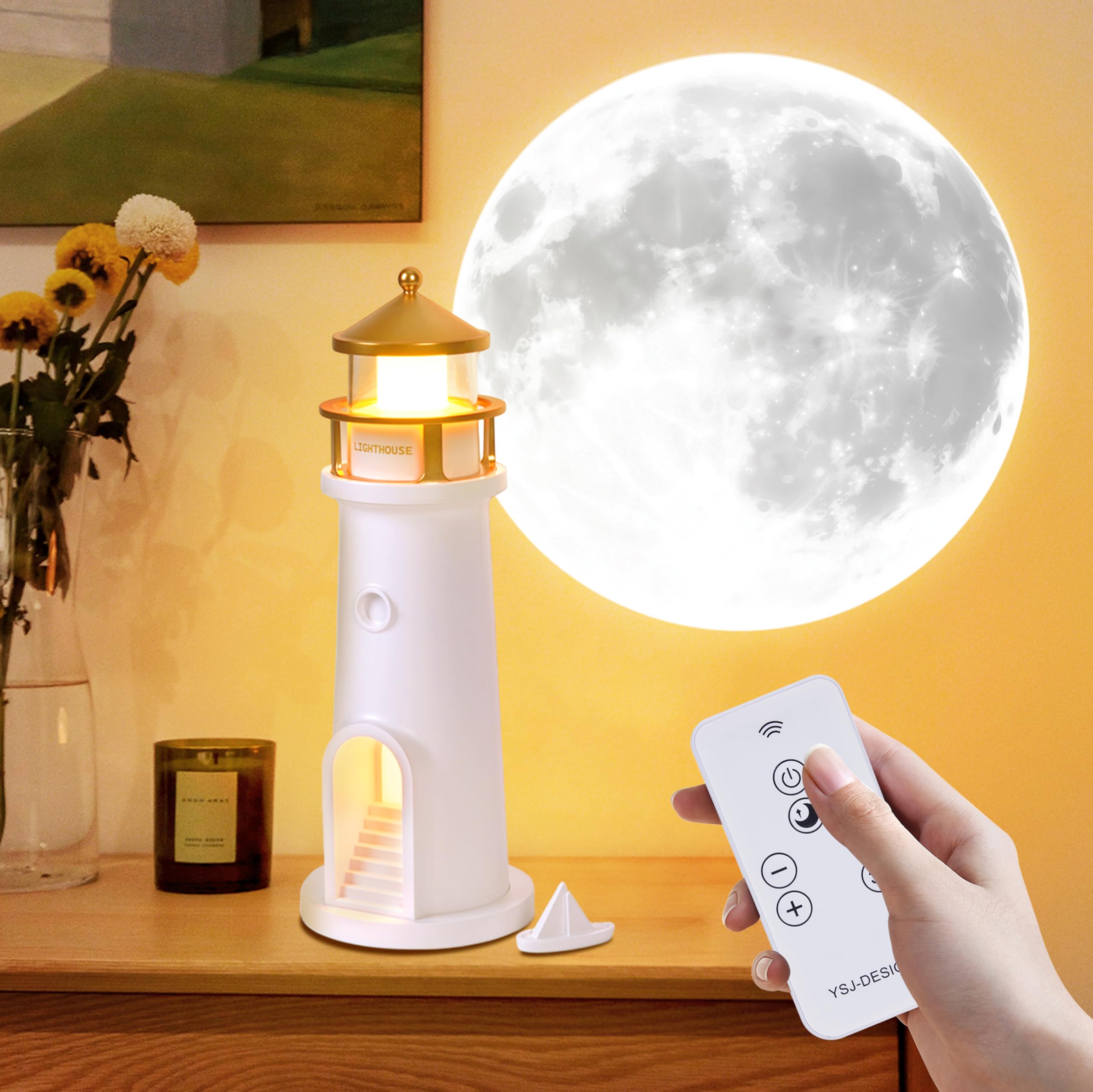 Moon Lamp Projector Night Lights with Remote Control,Lighthouse Atmosphere Decor Light for Kids,Rechargeable Moon Light Galaxy P