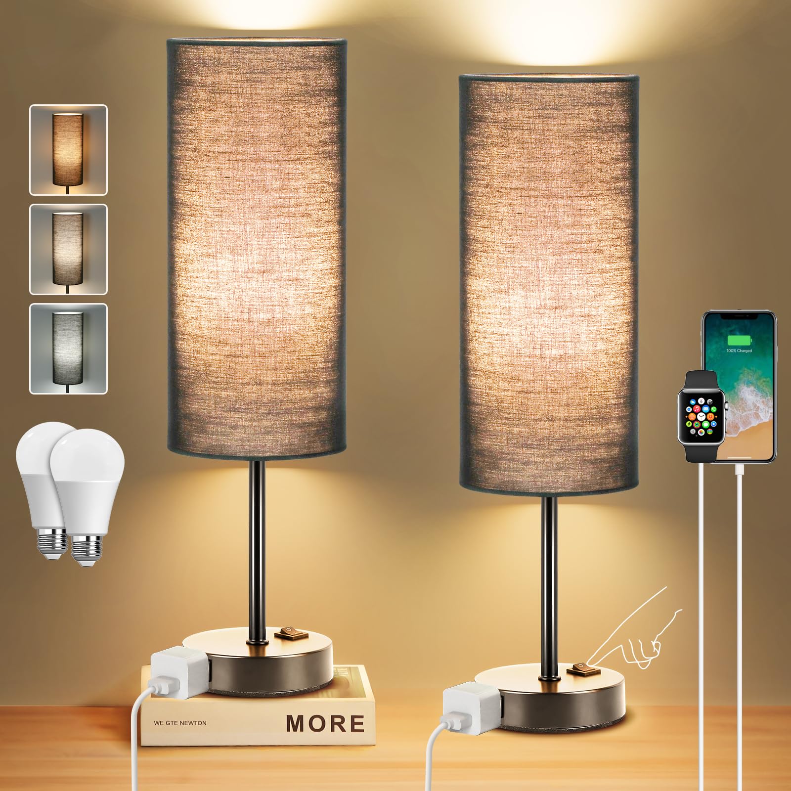 Zjojo Table Lamp For Bedroom 2 Pack,18In Bedside Lamps With 3 Way Dimmable Rocker Switch & Ac Outlet,Nightstand Desk Lamp With B