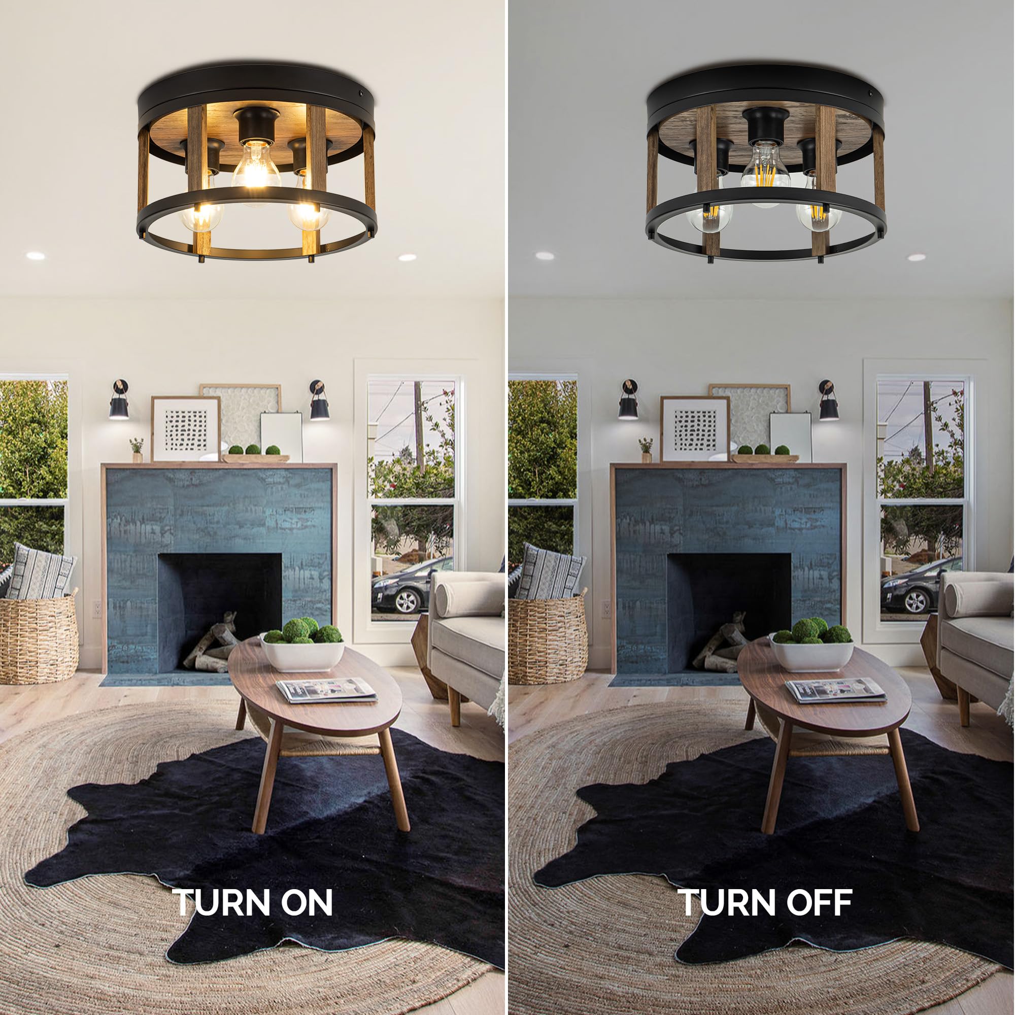 Mayna 3-Light Retro Farmhouse Flush Mount Round Vintage Metal And Wood Ceiling Light Fixtures, Rustic Ceiling Lamp For Kitchen,