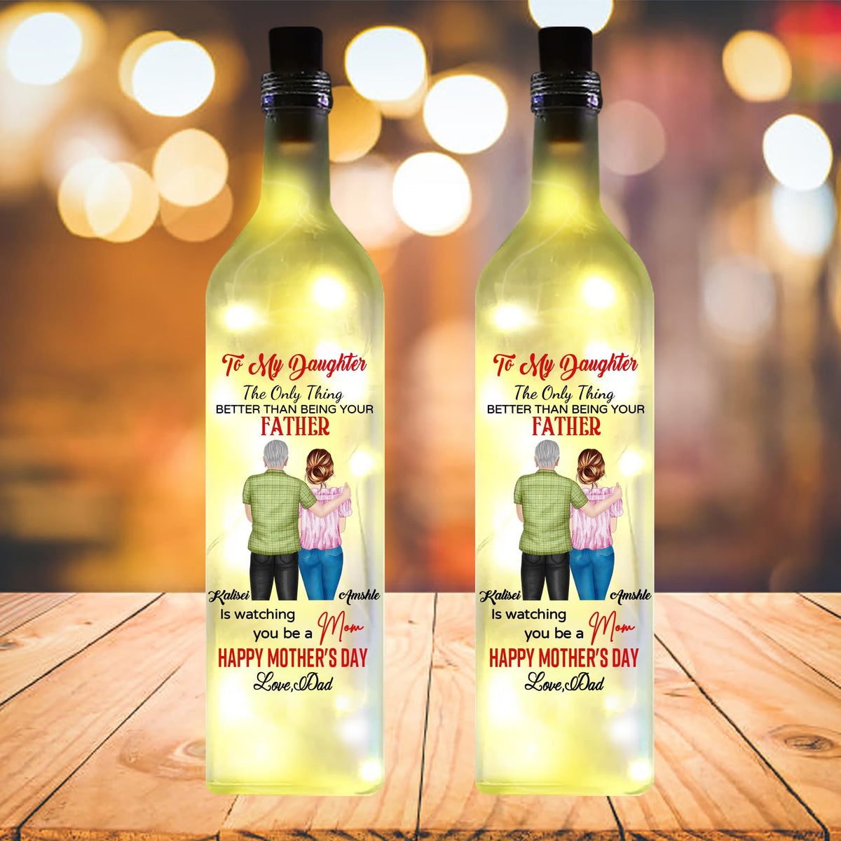 Hnfmeug Personalized Led Bottle Lamp To My Daughter Gift From Dad Happy Mothers Day, Custom Cartoon Mother Daughter Bottle Light
