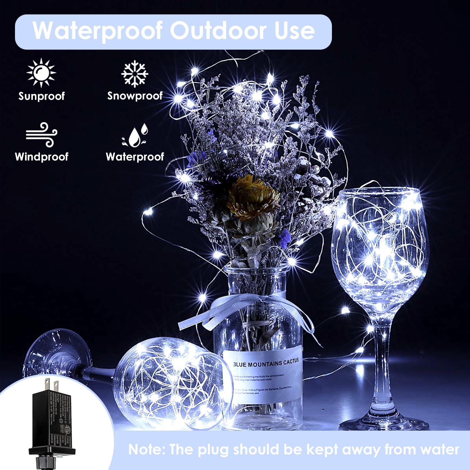 BHCLIGHT 66Ft 200LED Fairy Lights Plug in with Remote, Waterproof, 8 Modes, Timer, Cool White, for Indoor/Outdoor Decorations