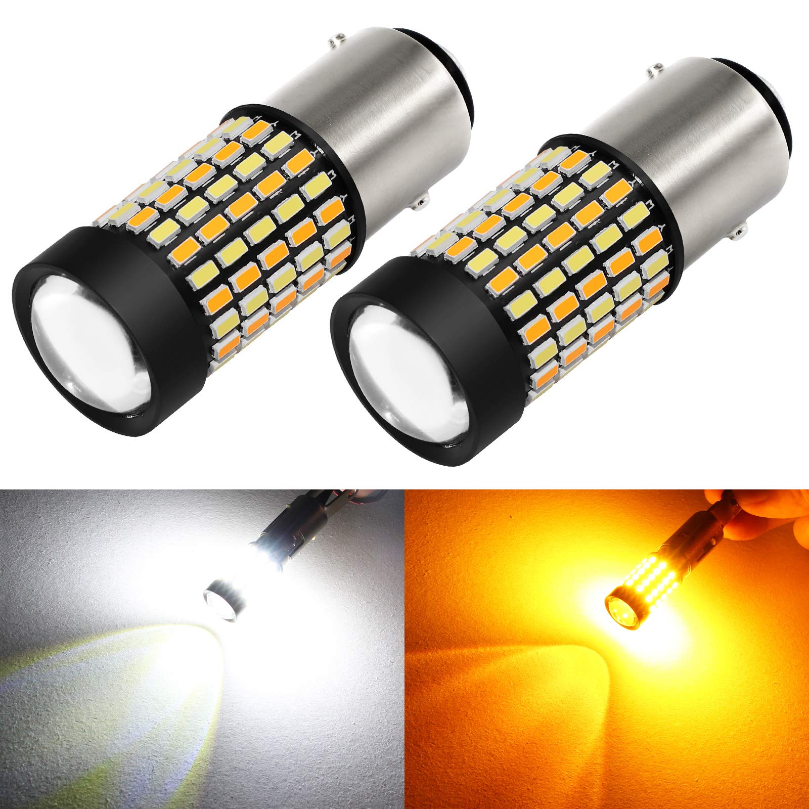 PHINLION 1157 LED Bulbs, Super Bright White Amber Dual Color, Projector for Car Turn Signal Parking Lights