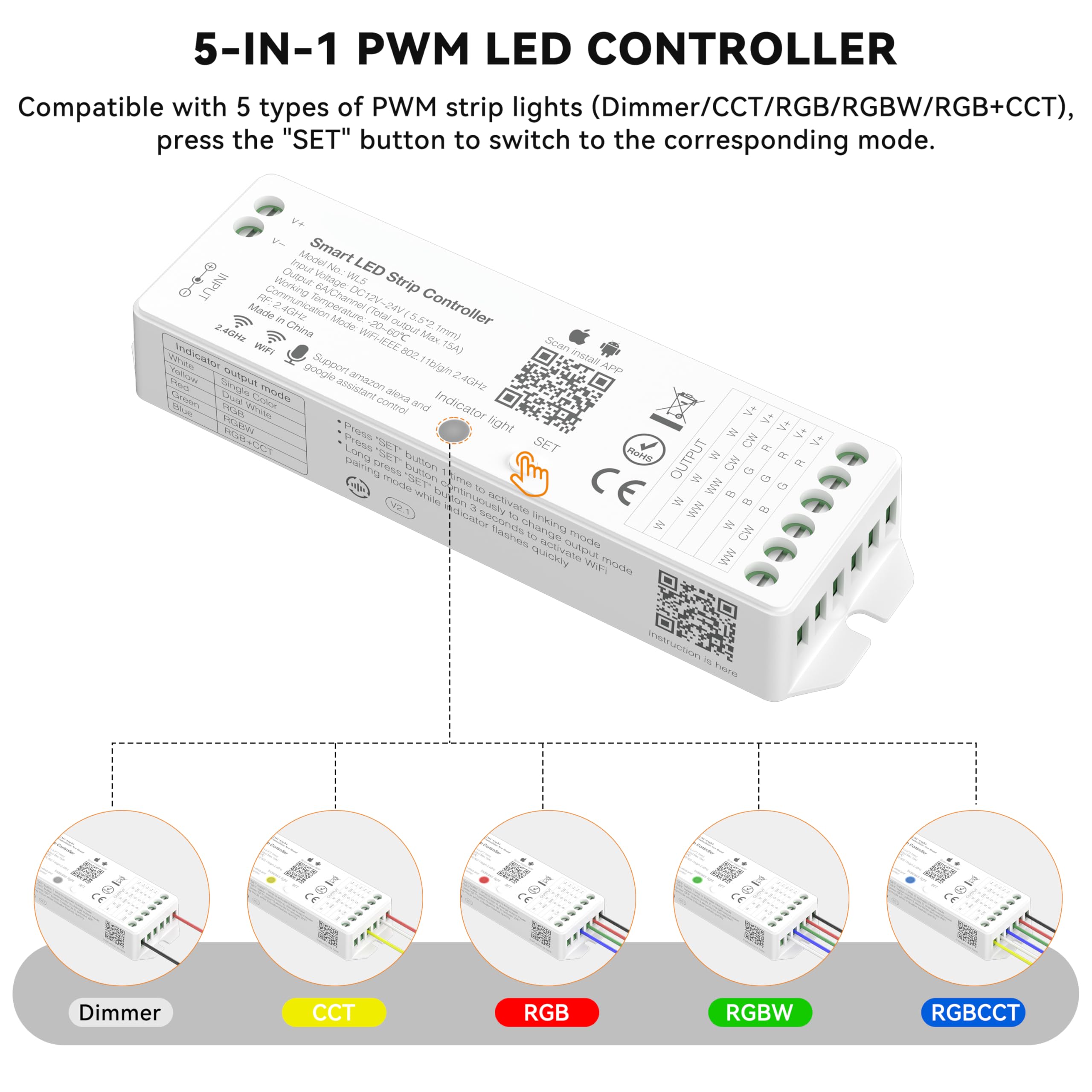 Pautix Wifi 5-In-1 Led Controller For Rgb Rgbw Cct Lights, Compatible With Tuya/Alexa/