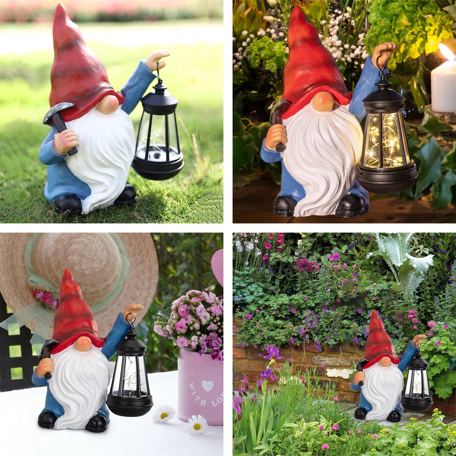 Halp·Ssfm Garden Gnome Statue Solar Light Outdoor Decorations Figurine With Lantern Led Shovel Sculpture Lawn Patio Yard Porch Outside Christmas Housewarming Gifts For Women Mom Grandma