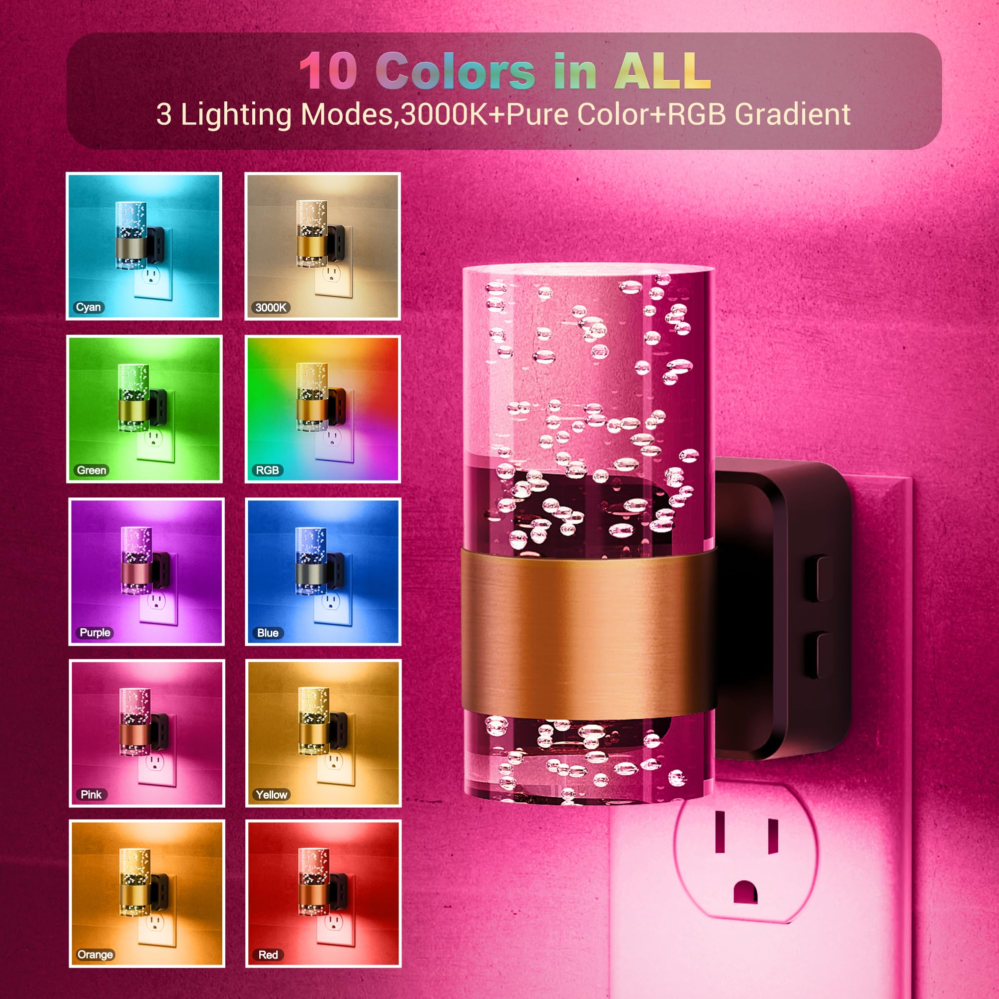 Jandcase Night Lights Plug Into Wall,Color Changing Night Light For Kids, 3000K+Rgb 10-Color Led Nightlight With Dusk To Dawn Se