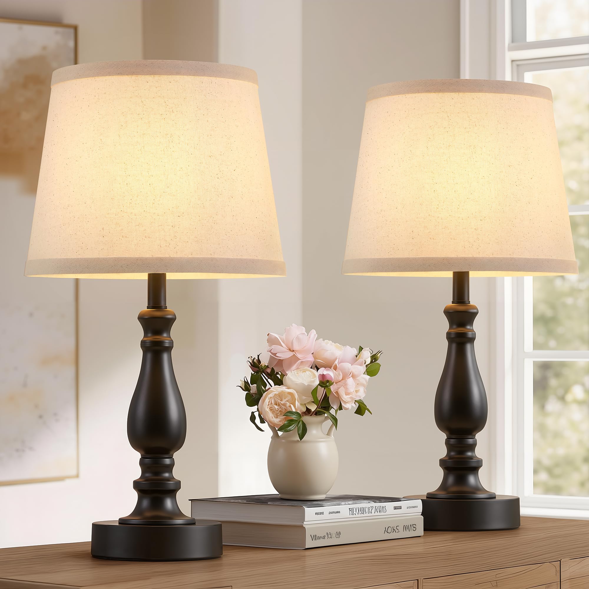 Lamp for Bedroom Set of 2 - 19 Small Bedside Table Lamps with Rotary Swithch - Modern Lamps for Living Room Night stands - Desk Lamps for Home Office End Tables with Fabric Linen shade for Reading