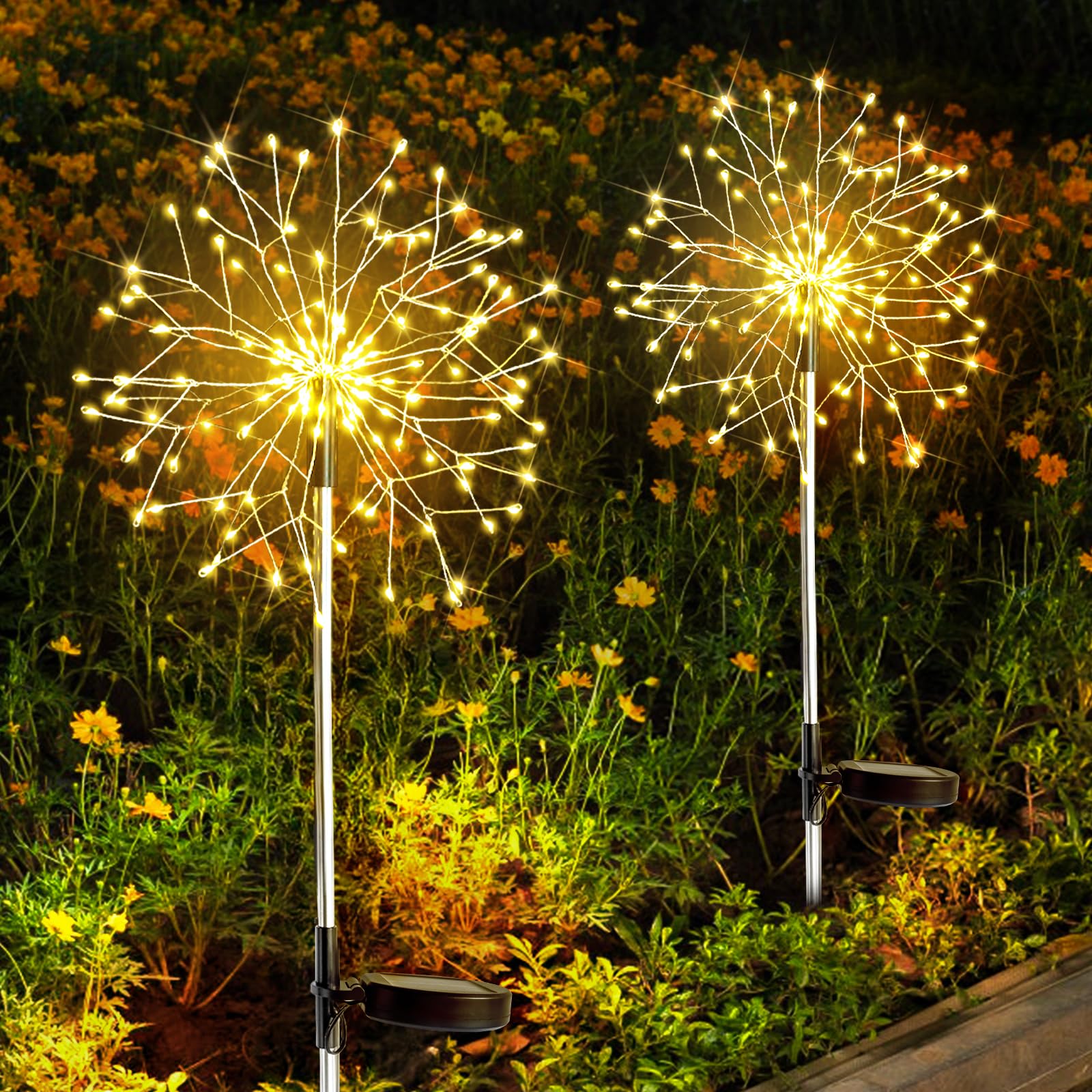 SUDDUS Solar Garden Lights Outdoor Waterproof Decorative, 2Pack 150LED Firework Lights, Solar Fairy Lights for Yard, Garden, Party, Patio, Pathway, Flowerbed - Warm White