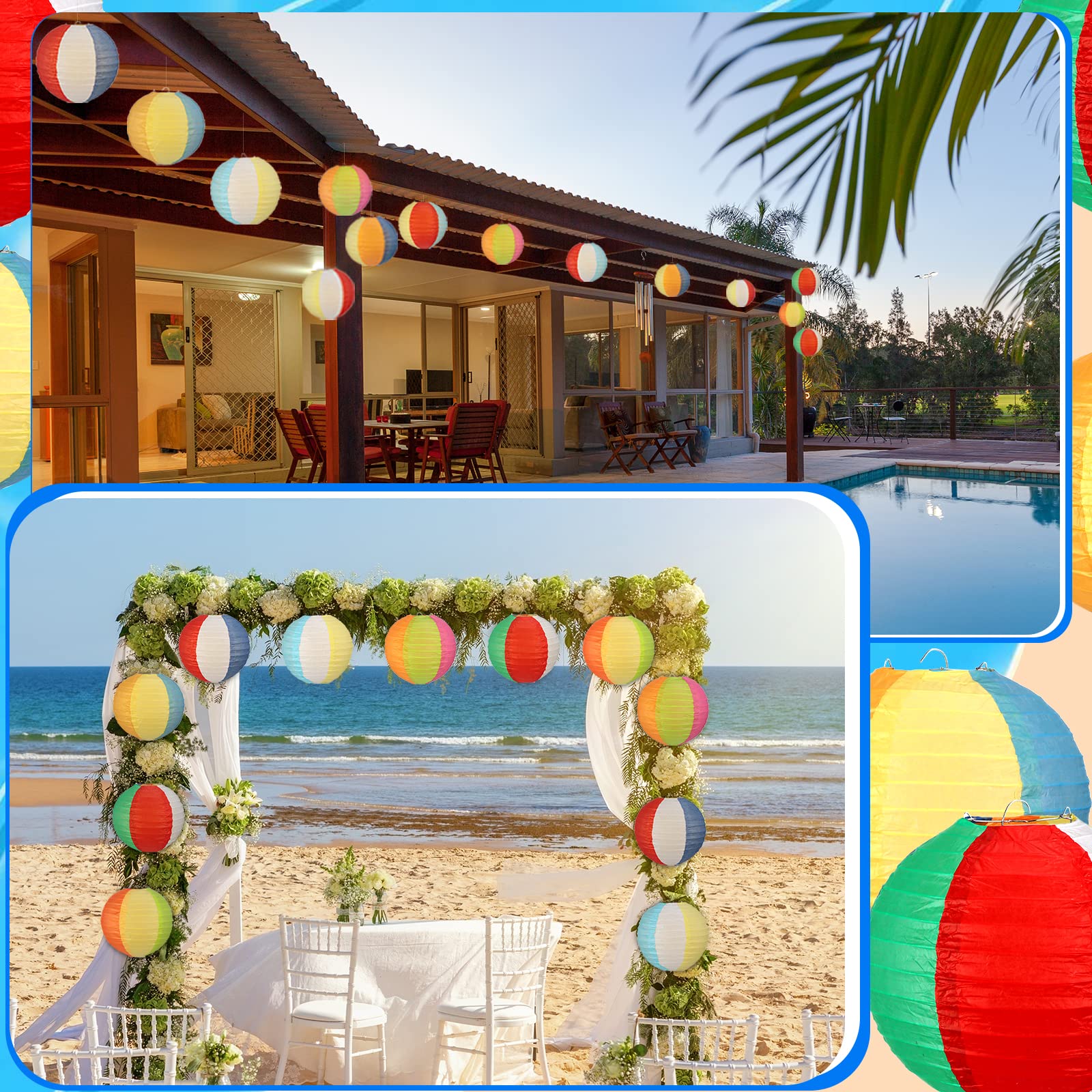 Frienda Beach Ball Paper Lanterns - 6 Pcs Colorful Summer Pool Party Decorations, Metal, Beach Ball Style