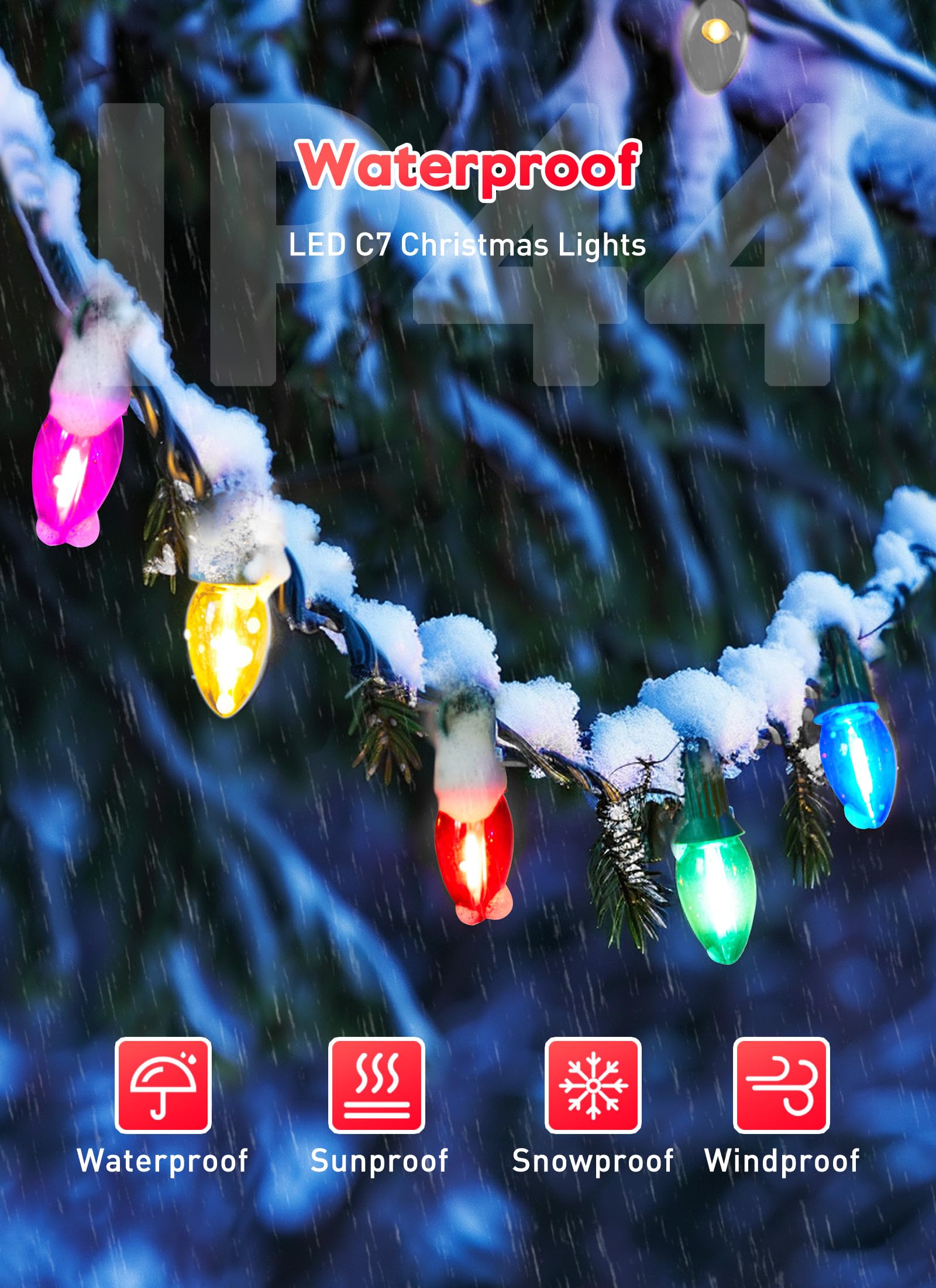 Minetom C7 LED Christmas String Lights, 100FT, Multicolor, 104 Bulbs, Model GYPC-O100LAU, Connectable for Holiday Decor