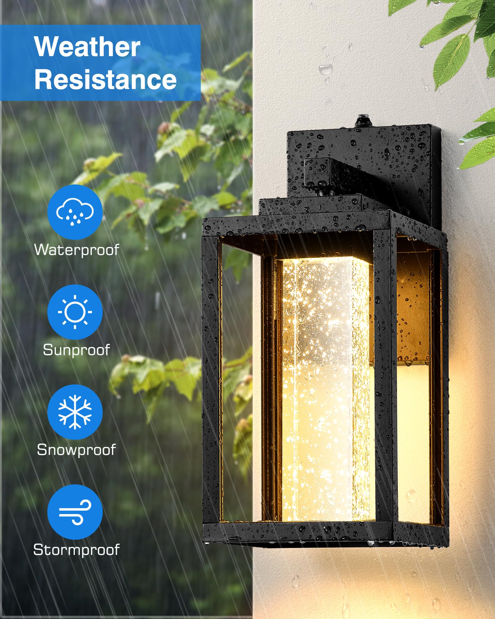 VIANIS Black Outdoor Wall Sconce Light Fixtures, 2-Pack Dusk to Dawn, 10W LED, Crystal Bubble Glass, Model V81152BK