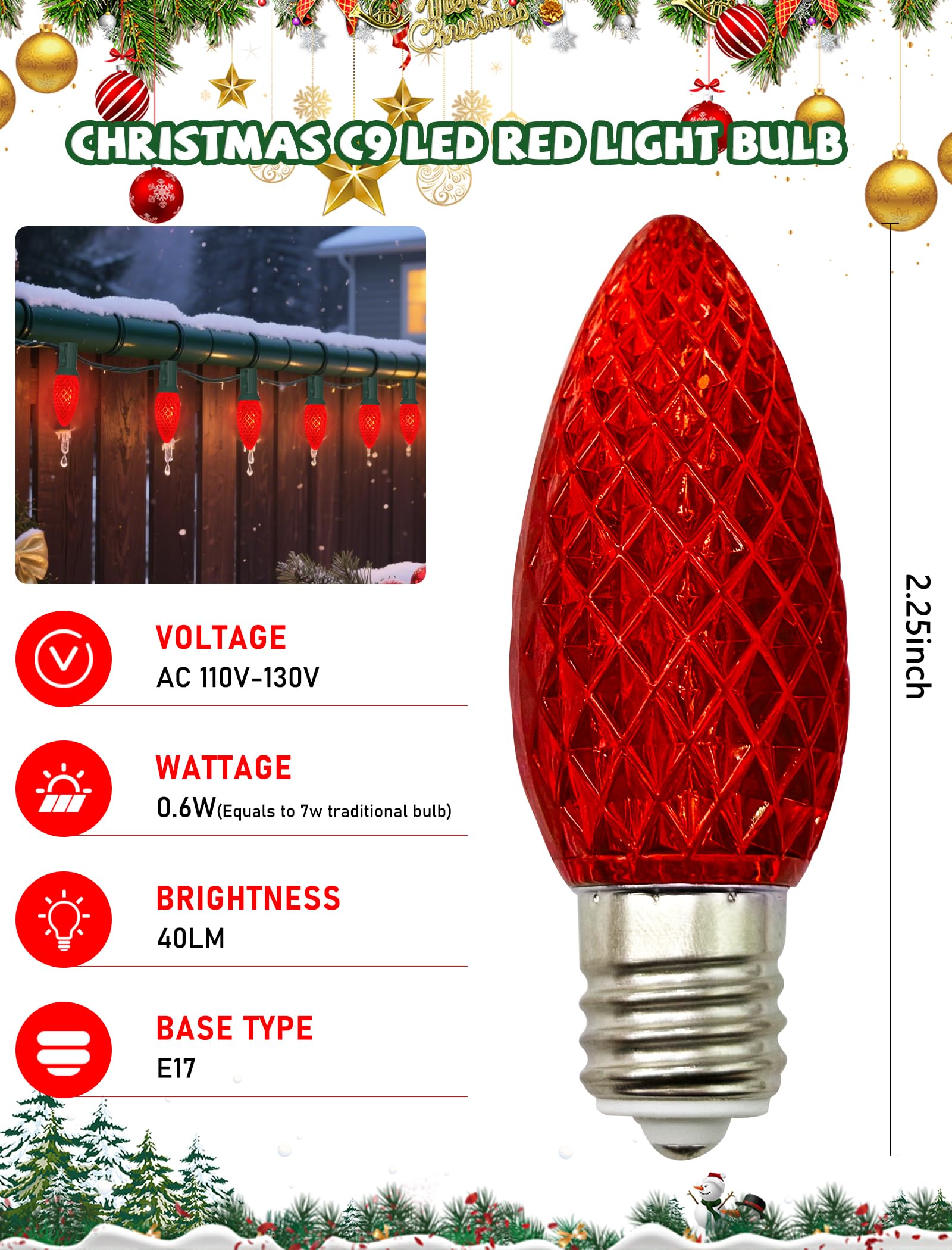 25 Pack Led C9 Red Replacement Christmas Light Bulbs  Commercial Grade Strawberry C9 Led Red Bulbs  Dimmable E17 Intermediate Base Bulbs For Outdoor Indoor Christmas String Lights Holiday Patio Decor