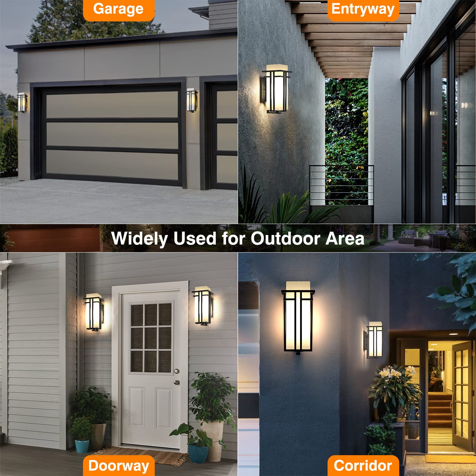 Yoenecea Outdoor Wall Lights, Modern Aluminum & Frosted Glass, 14.6''H, Black, Model YX-BD01, Ideal for Porch, Garage, Patio Lighting