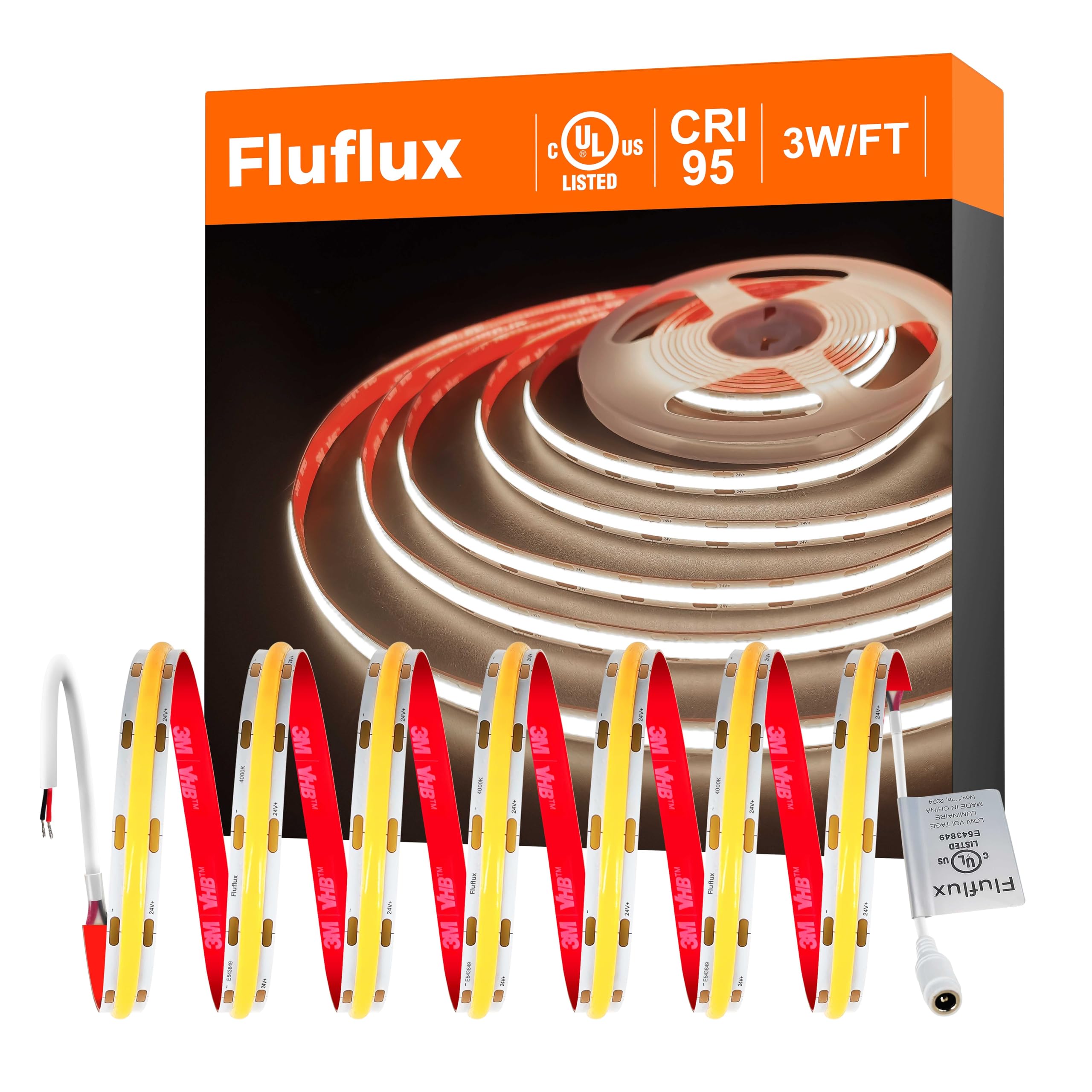 FluFlux COB LED Strip Light Cool White 4000K, Premium Tape Light with Strong 3M VHB Tape, CRI 95, UL Listed, Cuttable, Dimmable,