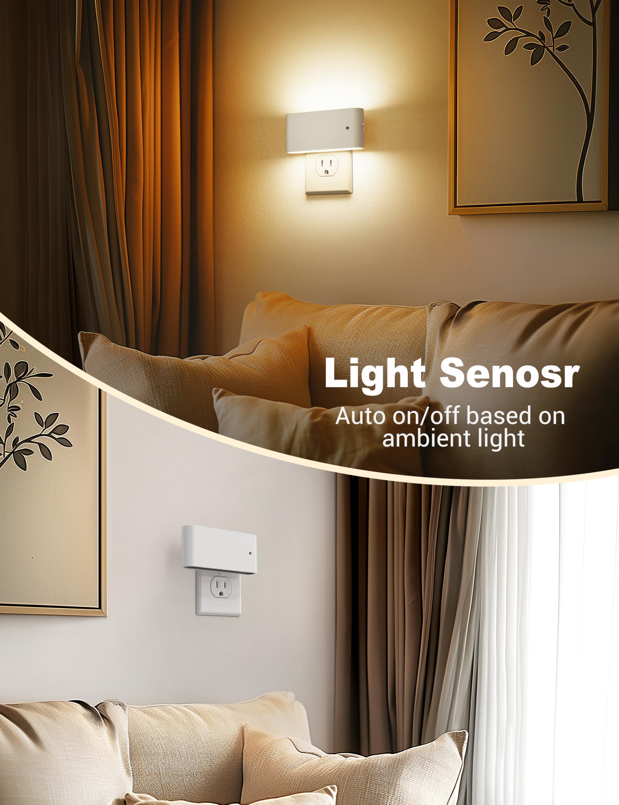 JandCase LED Night Lights Plug-in, Dimmable Warm White, 3000K Soft Glow, Dusk to Dawn Sensor, 2 Pack, Model C-GY11802WHUS-